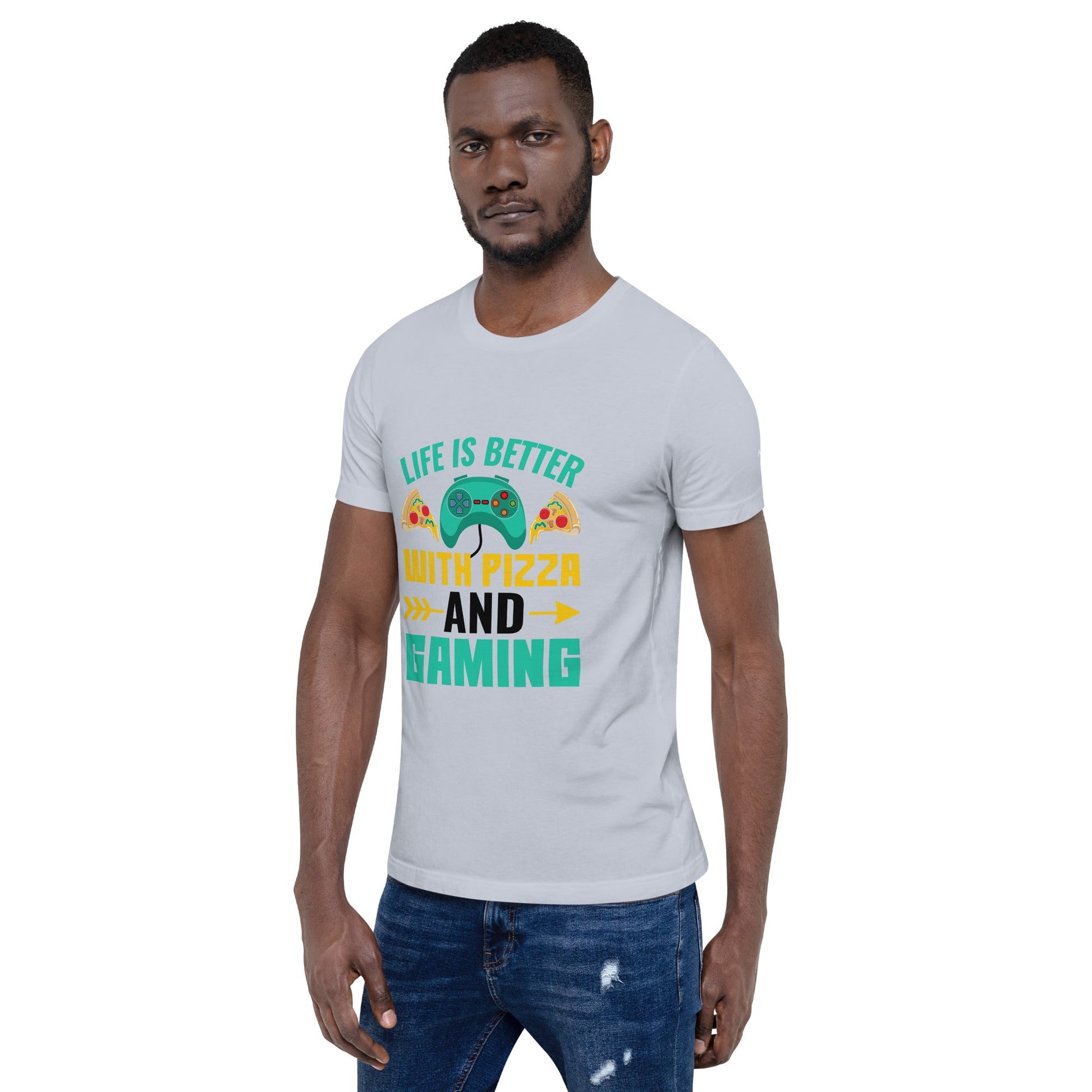 Life is Better With Pizza and Gaming Rima 14 in Dark Text - Unisex t-shirt by DarkByteGear