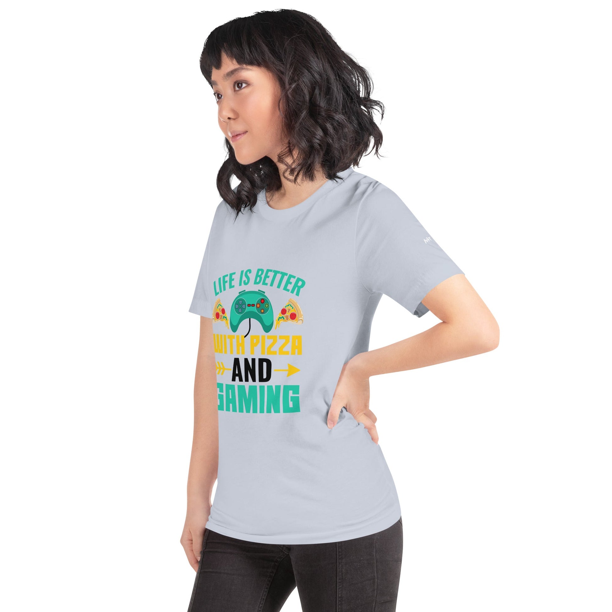 Life is Better With Pizza and Gaming Rima 14 in Dark Text - Unisex t-shirt by DarkByteGear