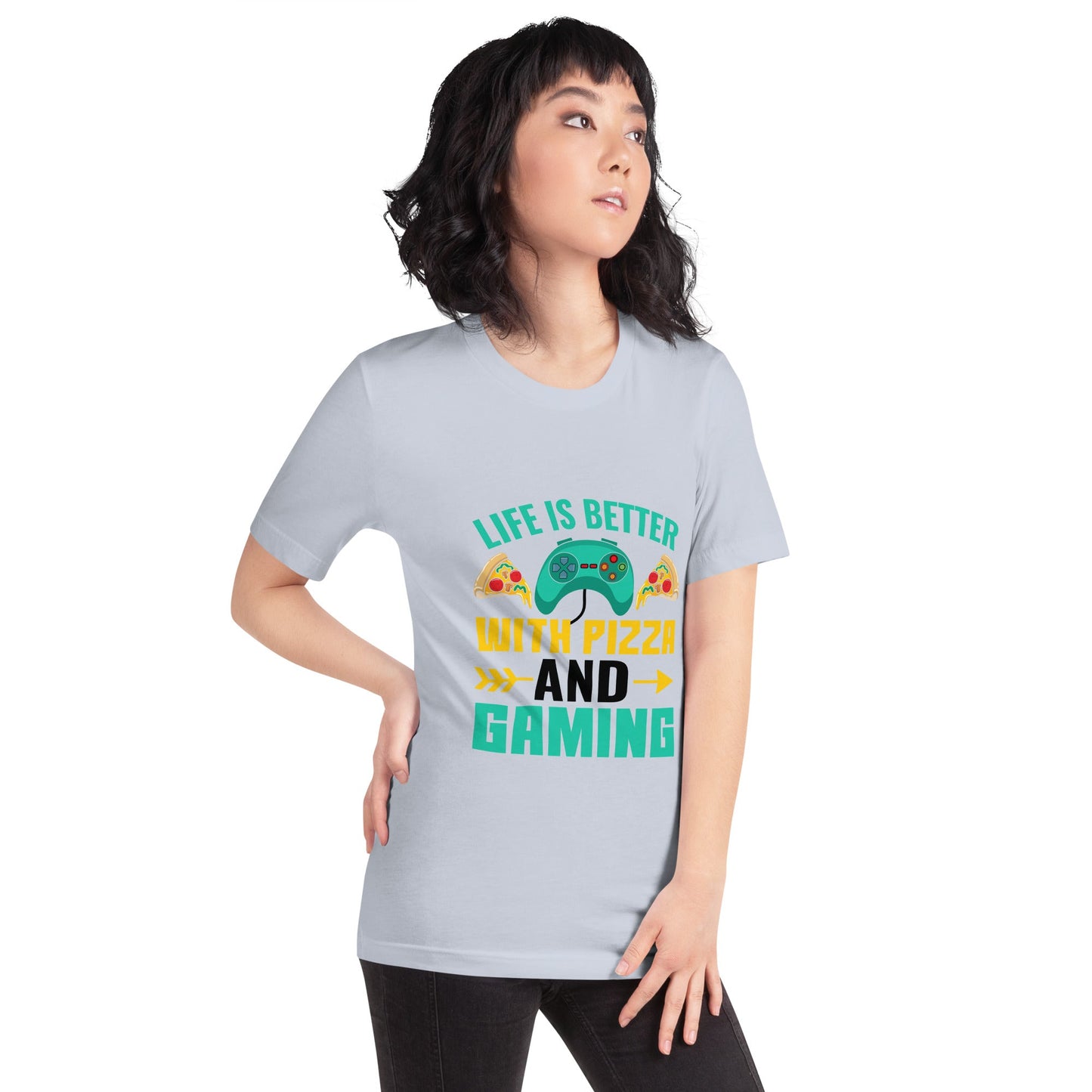 Life is Better With Pizza and Gaming Rima 14 in Dark Text - Unisex t-shirt by DarkByteGear