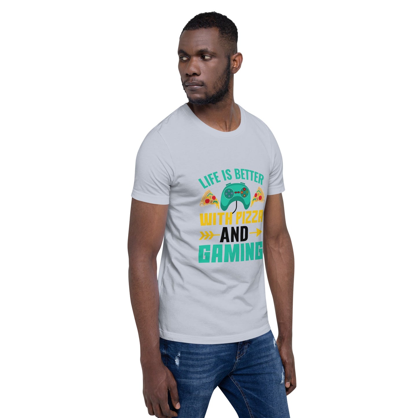 Life is Better With Pizza and Gaming Rima 14 in Dark Text - Unisex t-shirt by DarkByteGear