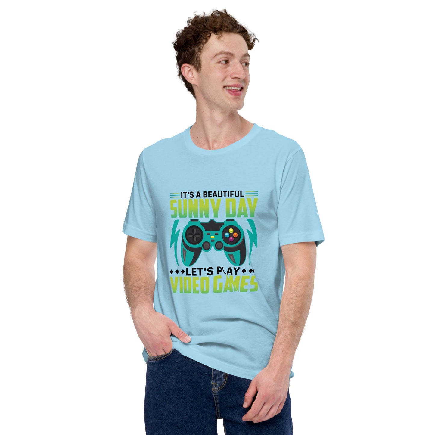 It is a Beautiful Sunny Day; Let's Play Video Games in Dark Text - Unisex t-shirt by DarkByteGear