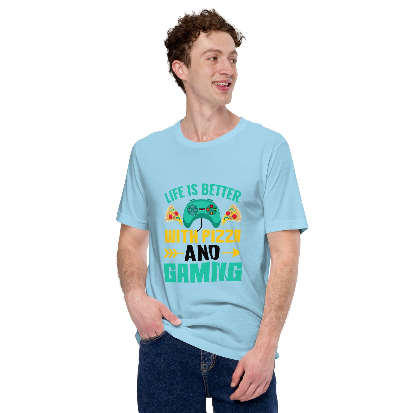 Life is Better With Pizza and Gaming Rima 14 in Dark Text - Unisex t-shirt by DarkByteGear