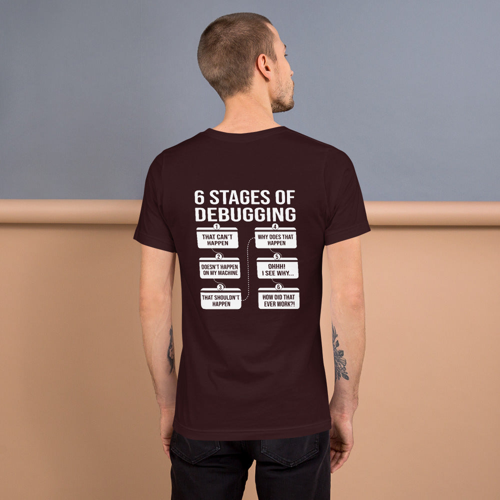 6 Stages of Debugging - Unisex t-shirt (back print) by DarkByteGear
