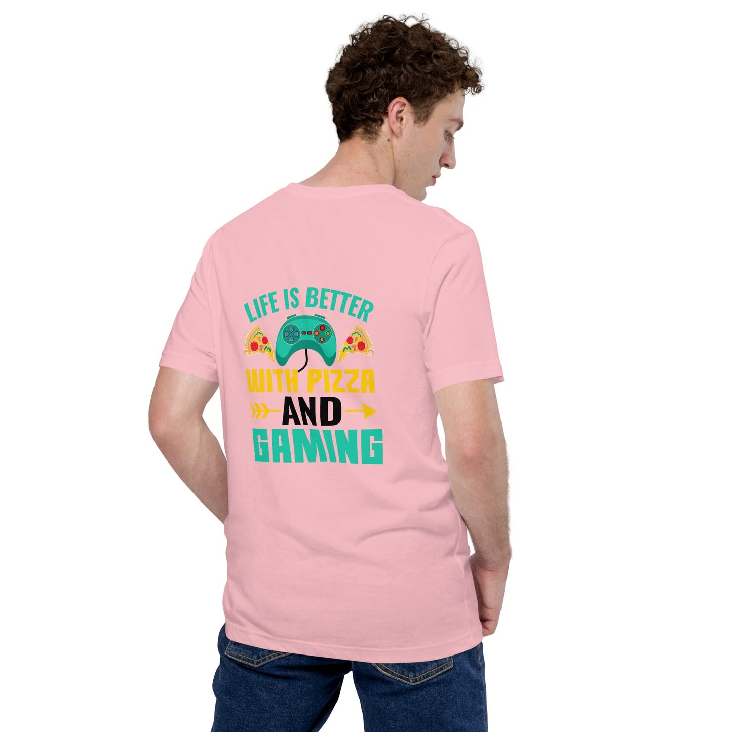 Life is Better With Pizza and Gaming Rima 14 in Dark Text -Unisex t-shirt by DarkByteGear
