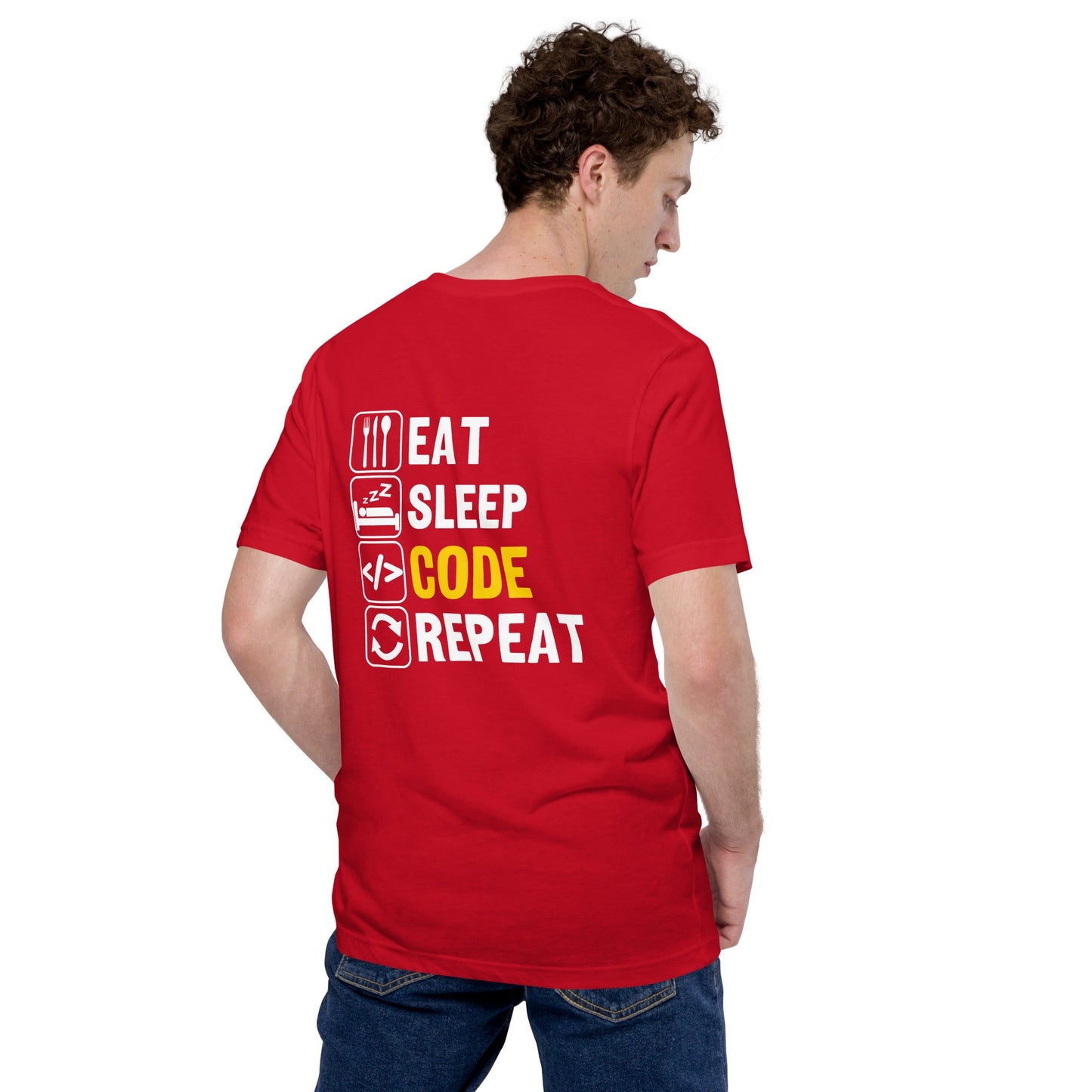 Eat Sleep Code Repeat ( Yellow Text ) - Unisex t-shirt (back print) by DarkByteGear