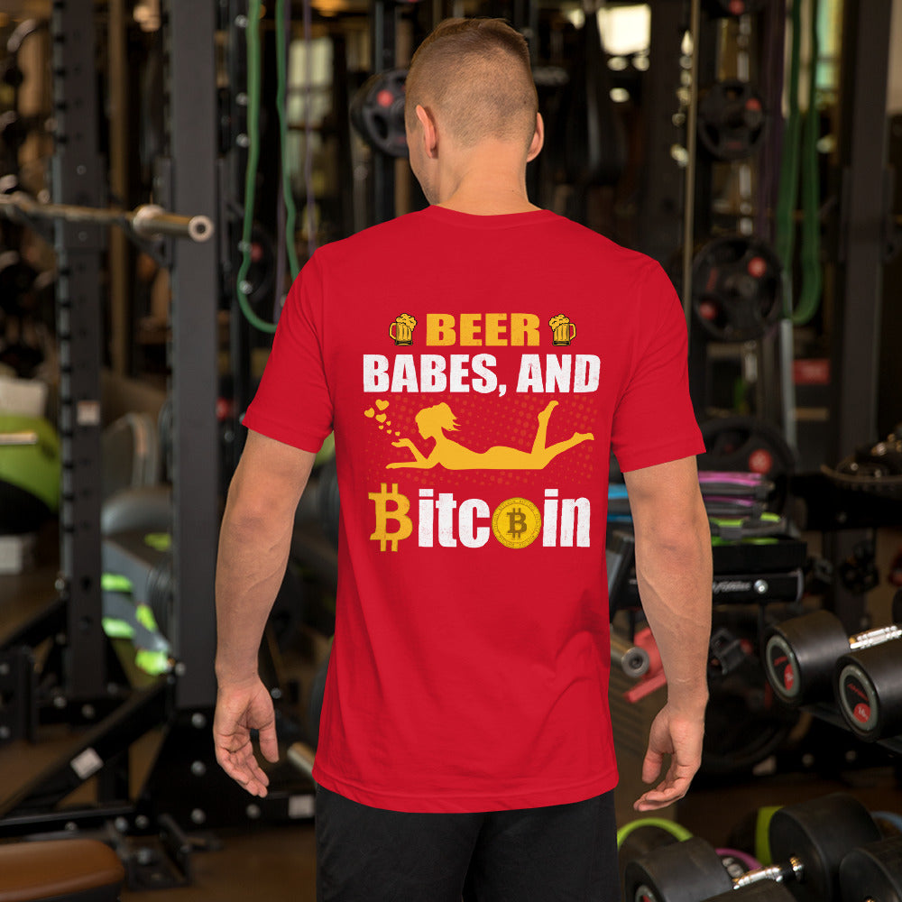 Beer, Babe, and Bitcoin Unisex t-shirt ( Back Print ) by DarkByteGear