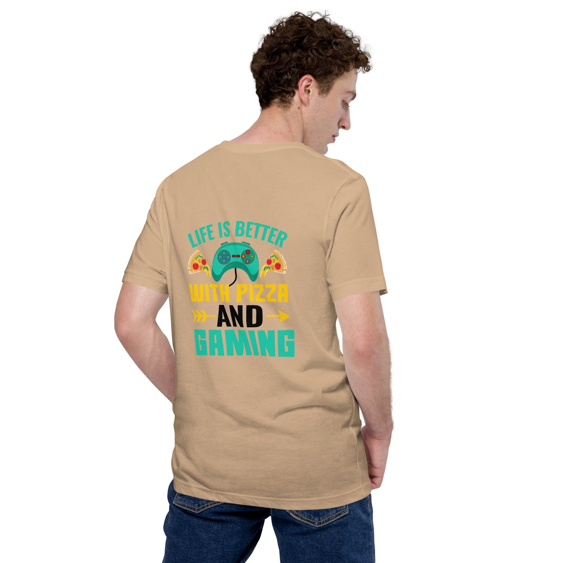 Life is Better With Pizza and Gaming Rima 14 in Dark Text -Unisex t-shirt by DarkByteGear