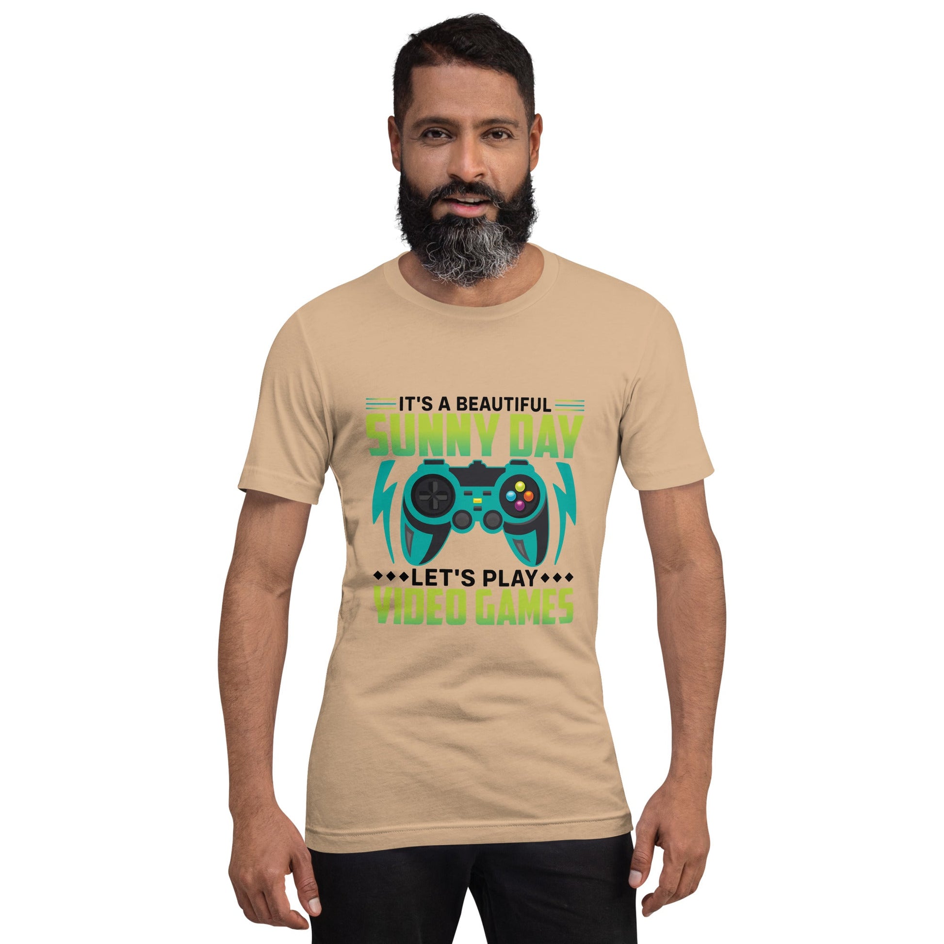 It is a Beautiful Sunny Day; Let's Play Video Games in Dark Text - Unisex t-shirt by DarkByteGear