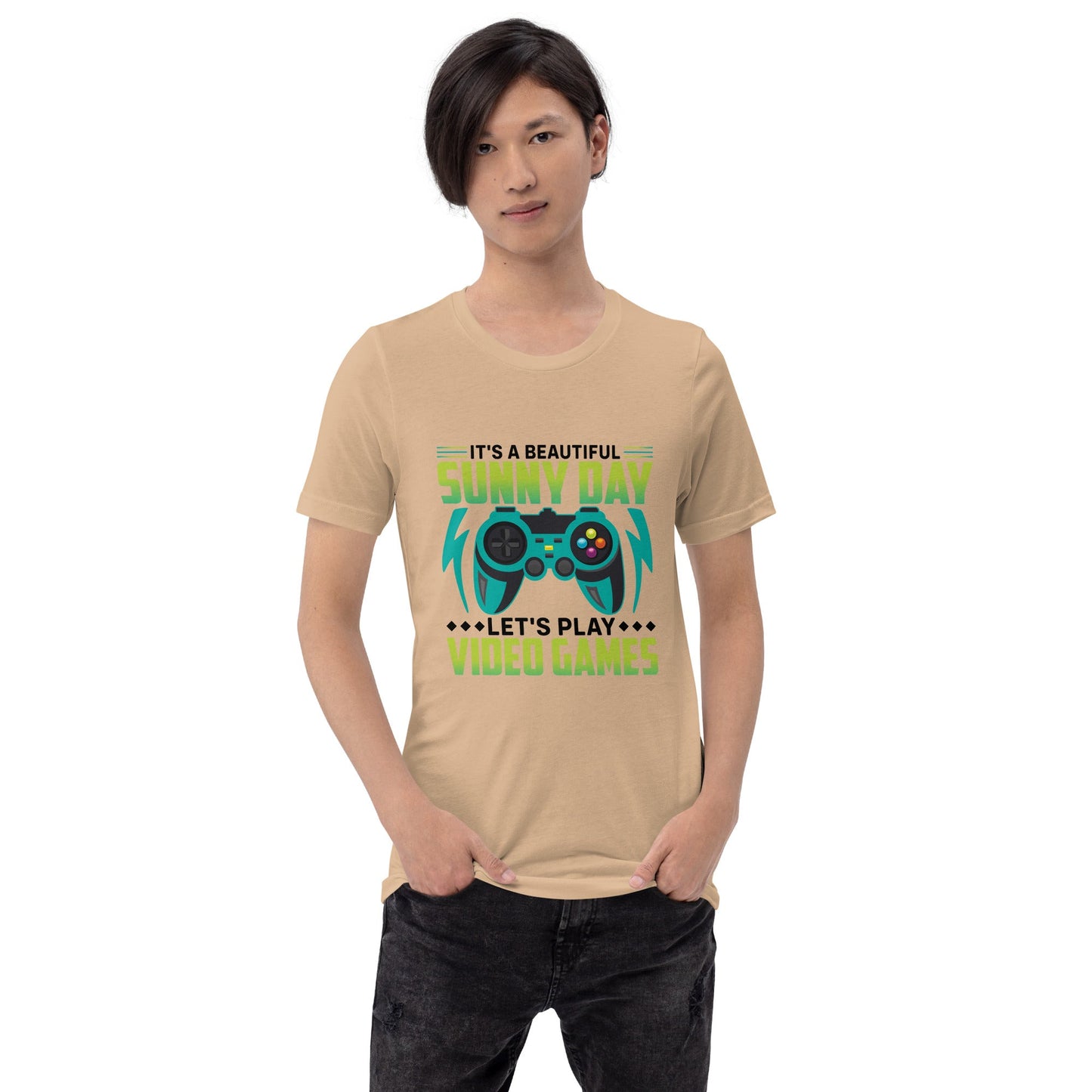 It is a Beautiful Sunny Day; Let's Play Video Games in Dark Text - Unisex t-shirt by DarkByteGear