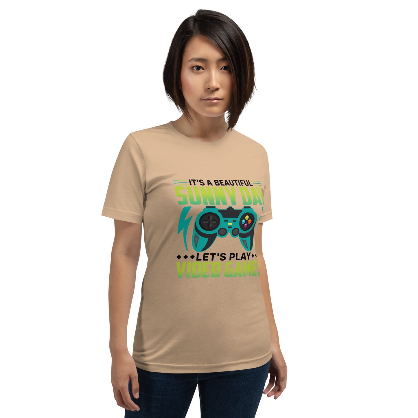 It is a Beautiful Sunny Day; Let's Play Video Games in Dark Text - Unisex t-shirt by DarkByteGear