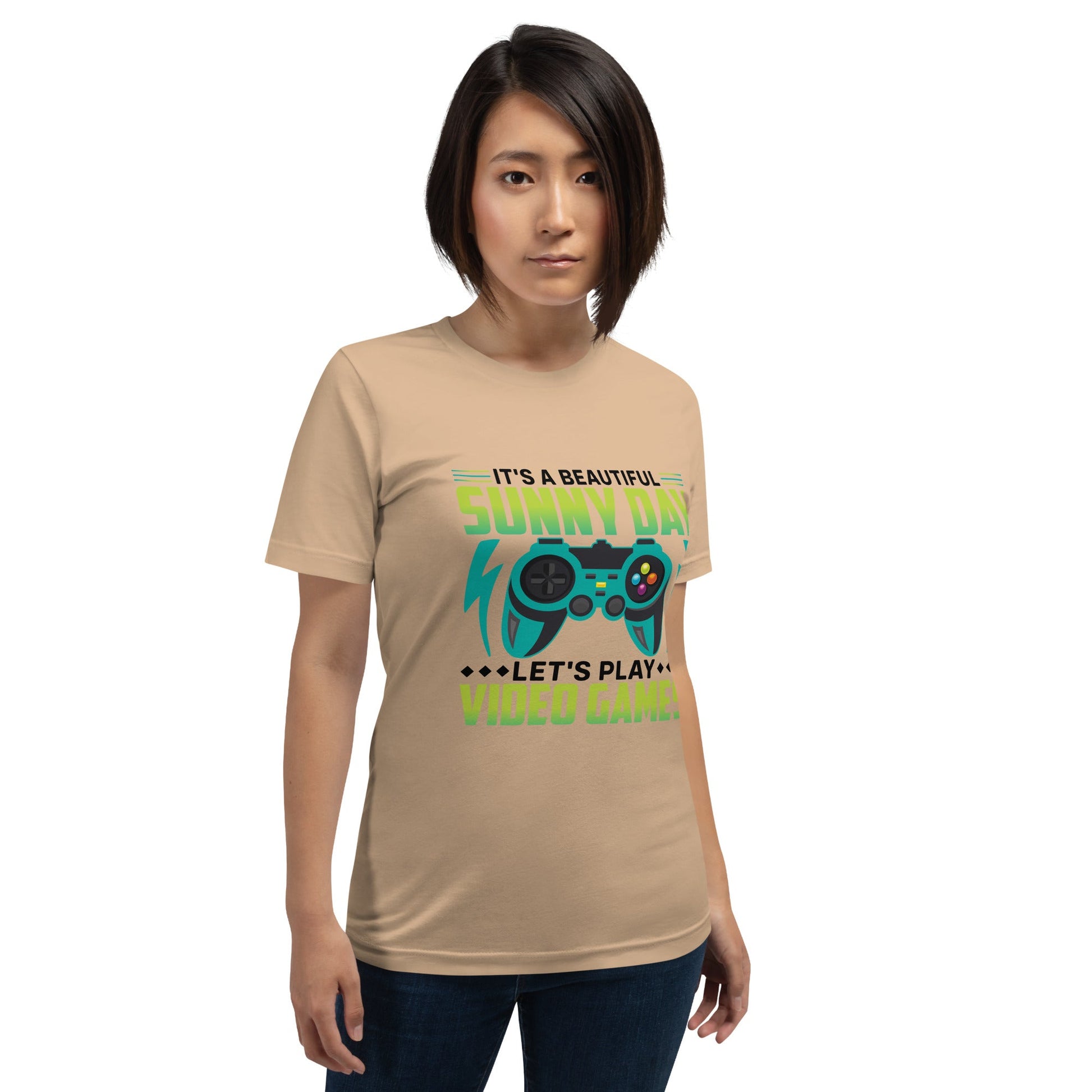 It is a Beautiful Sunny Day; Let's Play Video Games in Dark Text - Unisex t-shirt by DarkByteGear