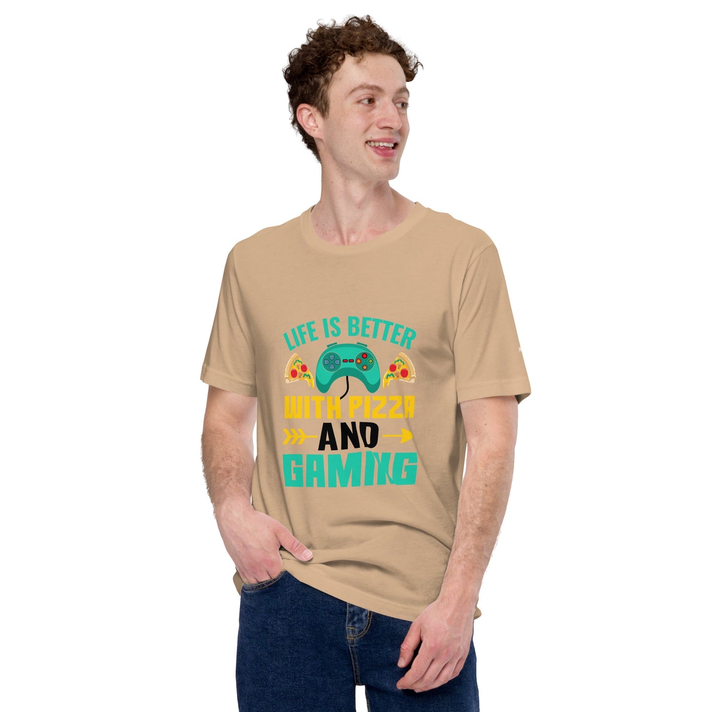 Life is Better With Pizza and Gaming Rima 14 in Dark Text - Unisex t-shirt by DarkByteGear