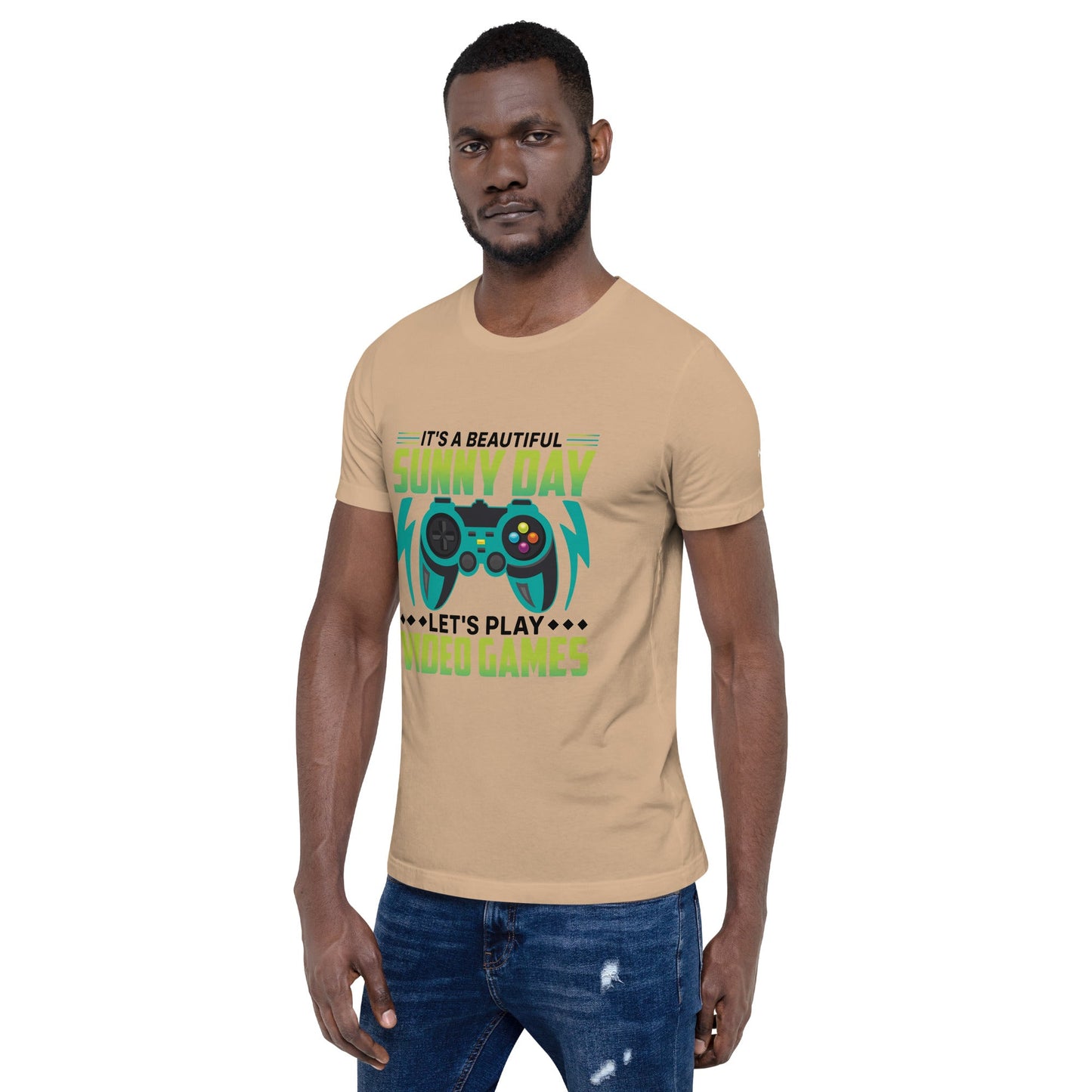 It is a Beautiful Sunny Day; Let's Play Video Games in Dark Text - Unisex t-shirt by DarkByteGear