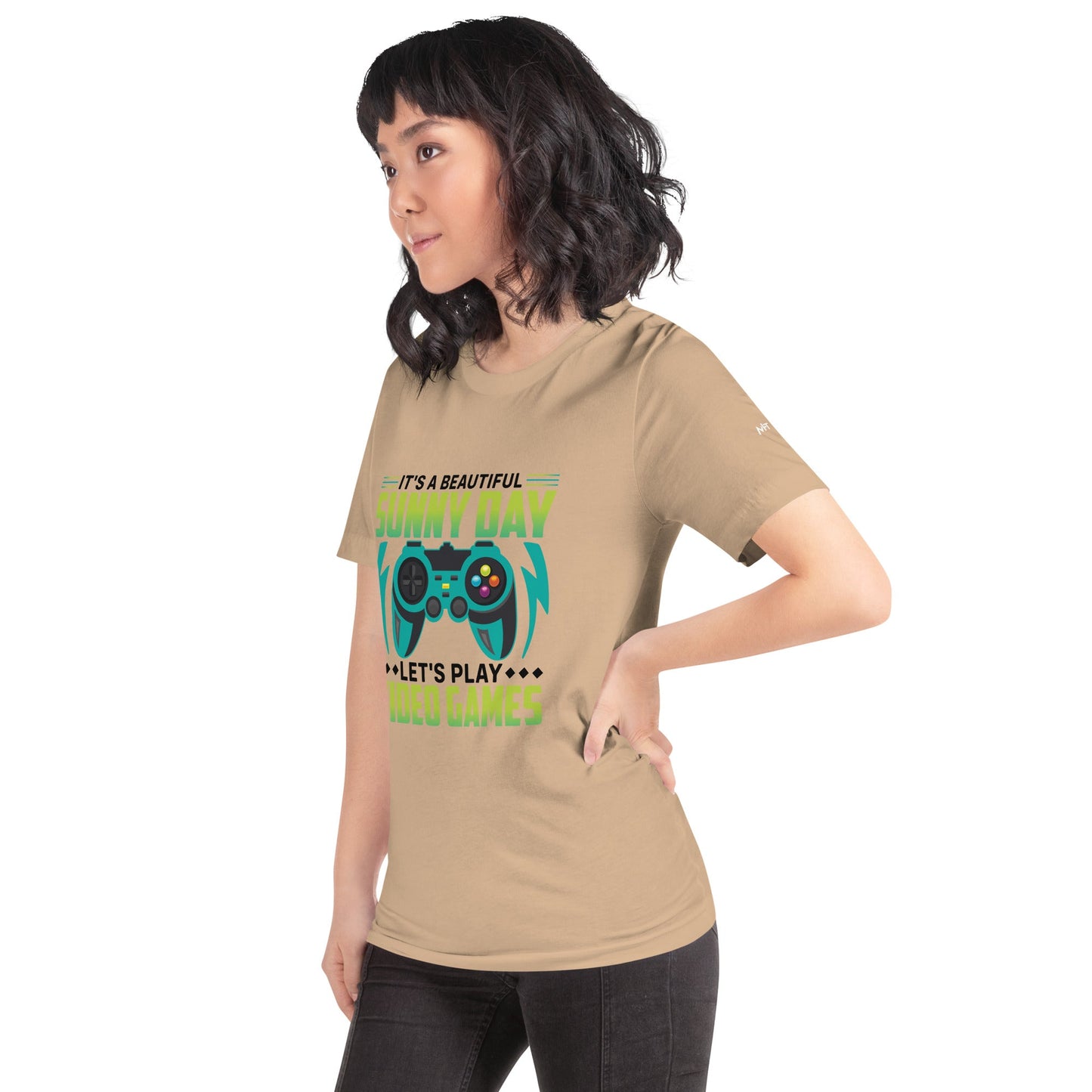 It is a Beautiful Sunny Day; Let's Play Video Games in Dark Text - Unisex t-shirt by DarkByteGear