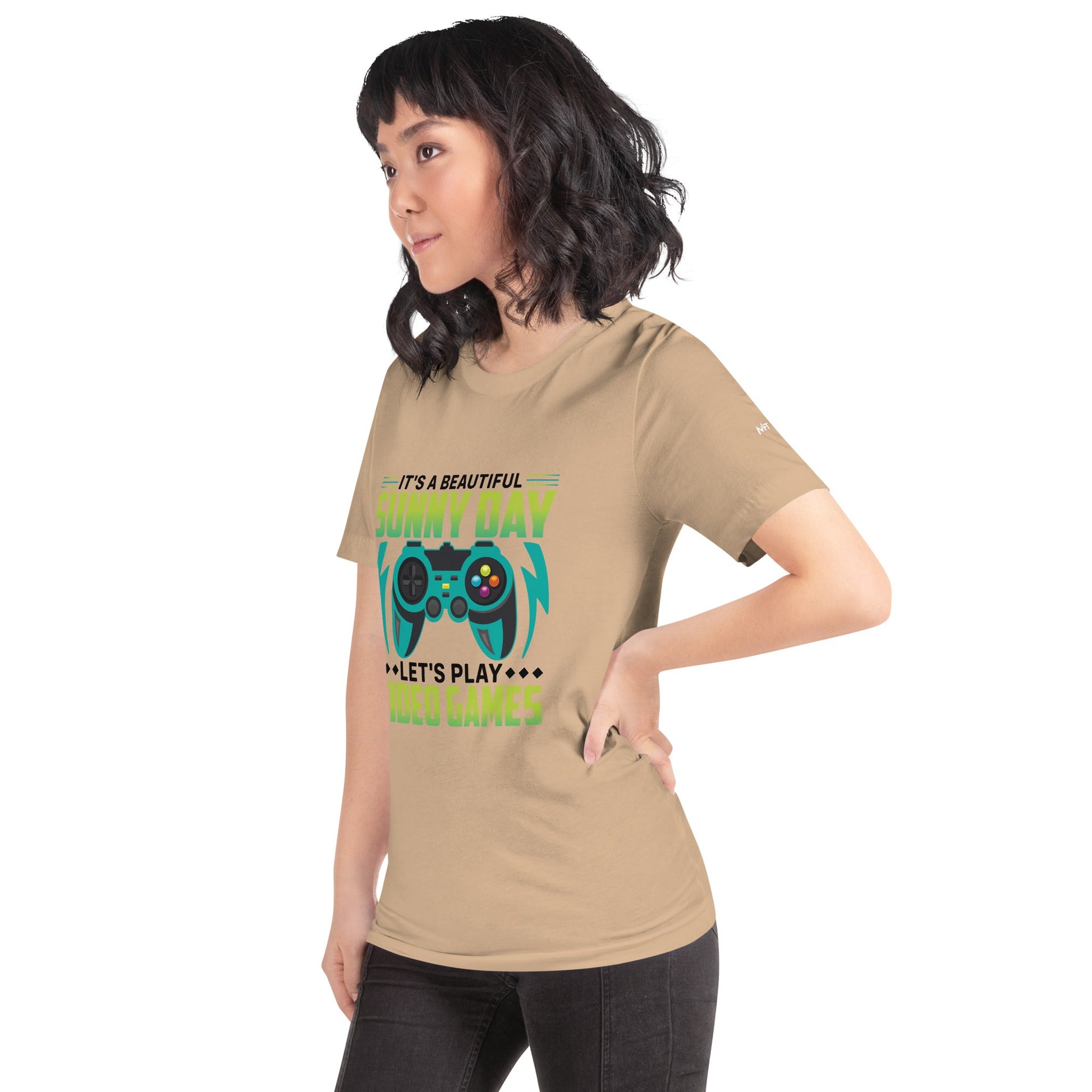 It is a Beautiful Sunny Day; Let's Play Video Games in Dark Text - Unisex t-shirt by DarkByteGear