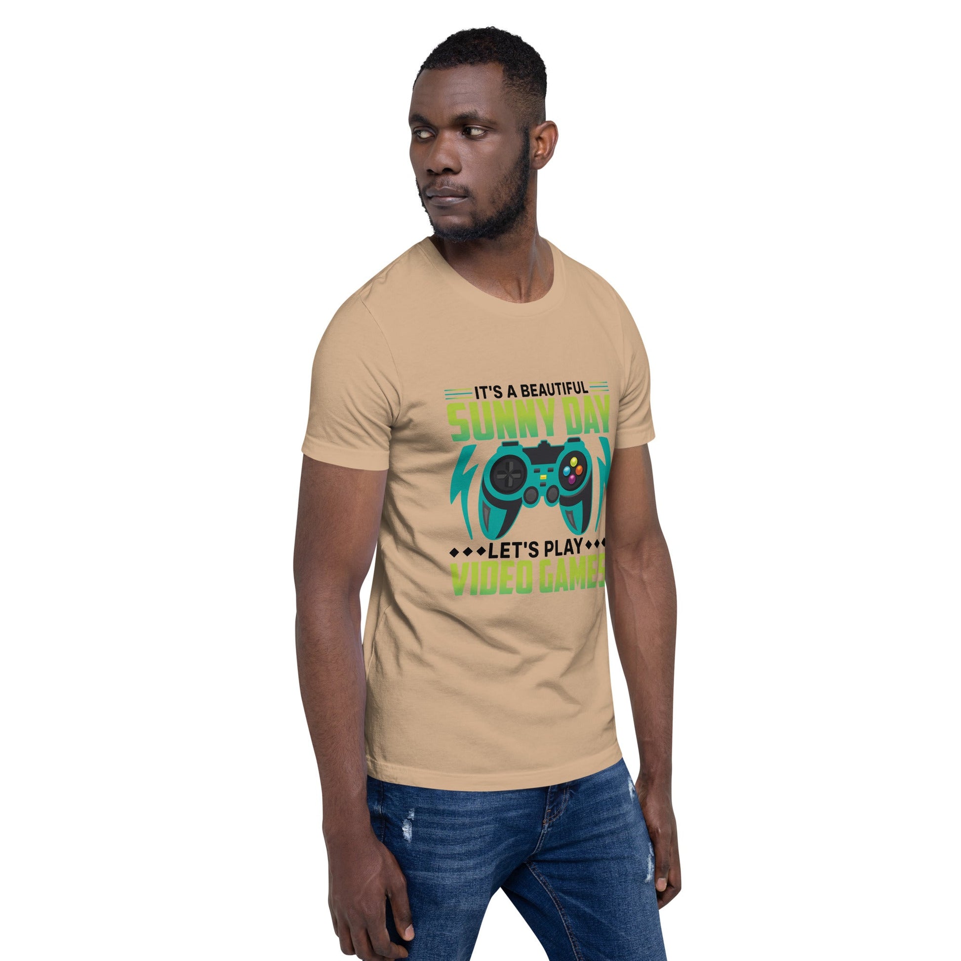It is a Beautiful Sunny Day; Let's Play Video Games in Dark Text - Unisex t-shirt by DarkByteGear