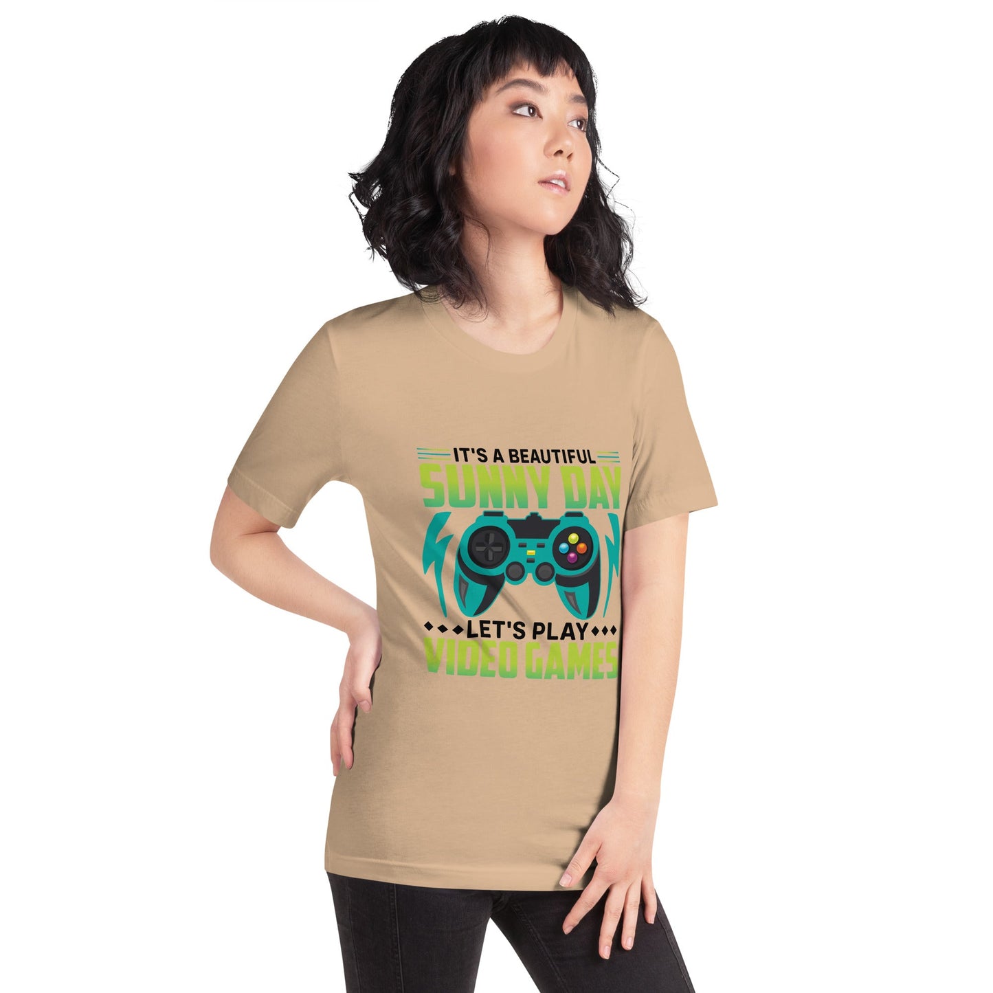 It is a Beautiful Sunny Day; Let's Play Video Games in Dark Text - Unisex t-shirt by DarkByteGear