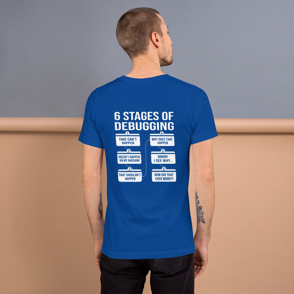 6 Stages of Debugging - Unisex t-shirt (back print) by DarkByteGear