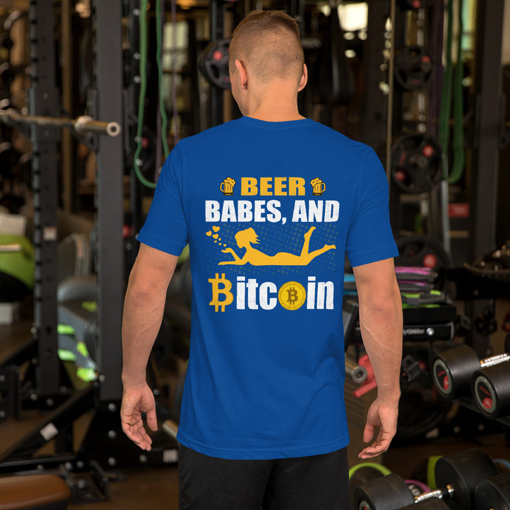 Beer, Babe, and Bitcoin Unisex t-shirt ( Back Print ) by DarkByteGear