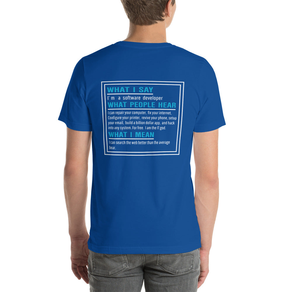What I say, What people hear, What I mean Unisex t-shirt ( Back Print ) by DarkByteGear
