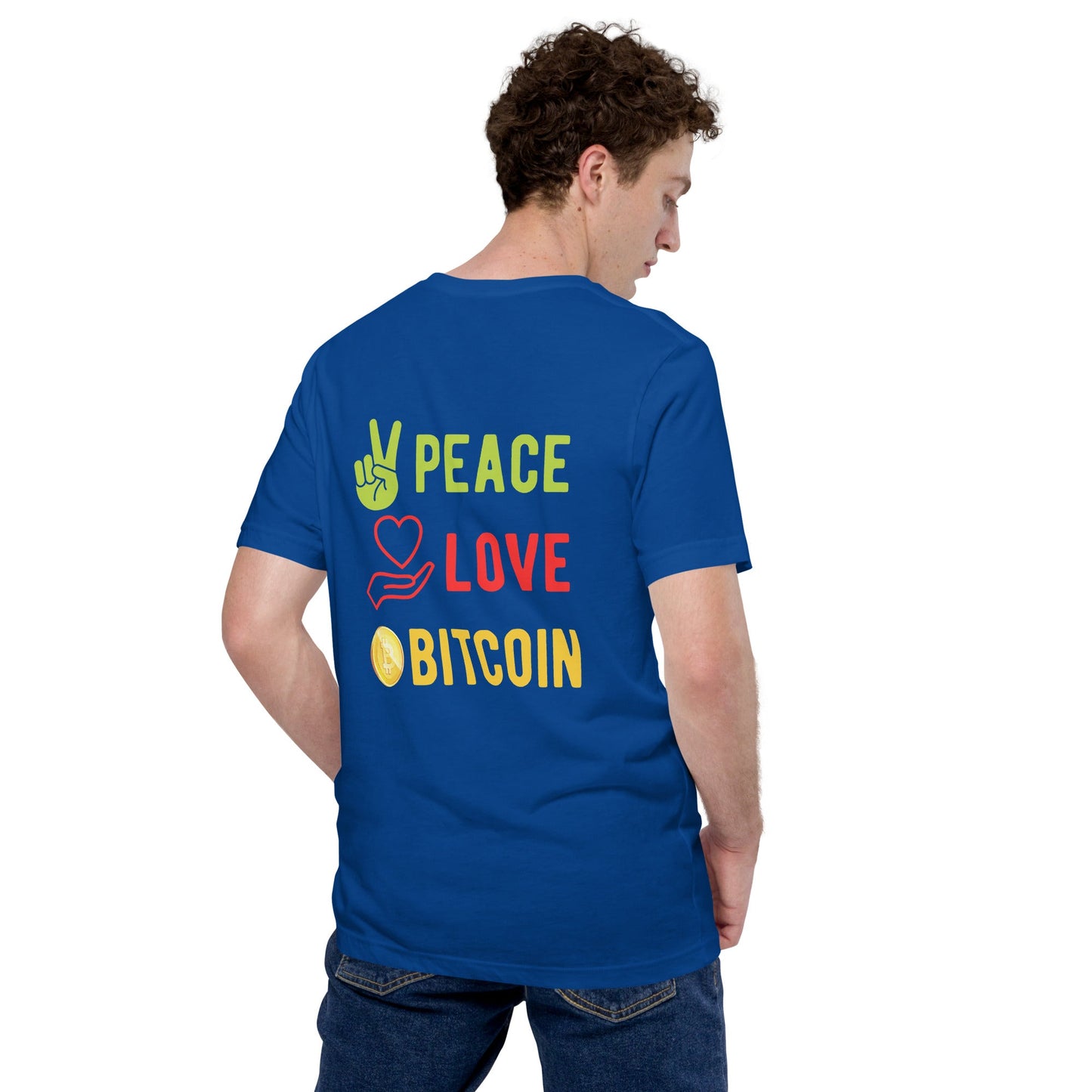 Peace Love Bitcoin Unisex t-shirt by DarkByteGear