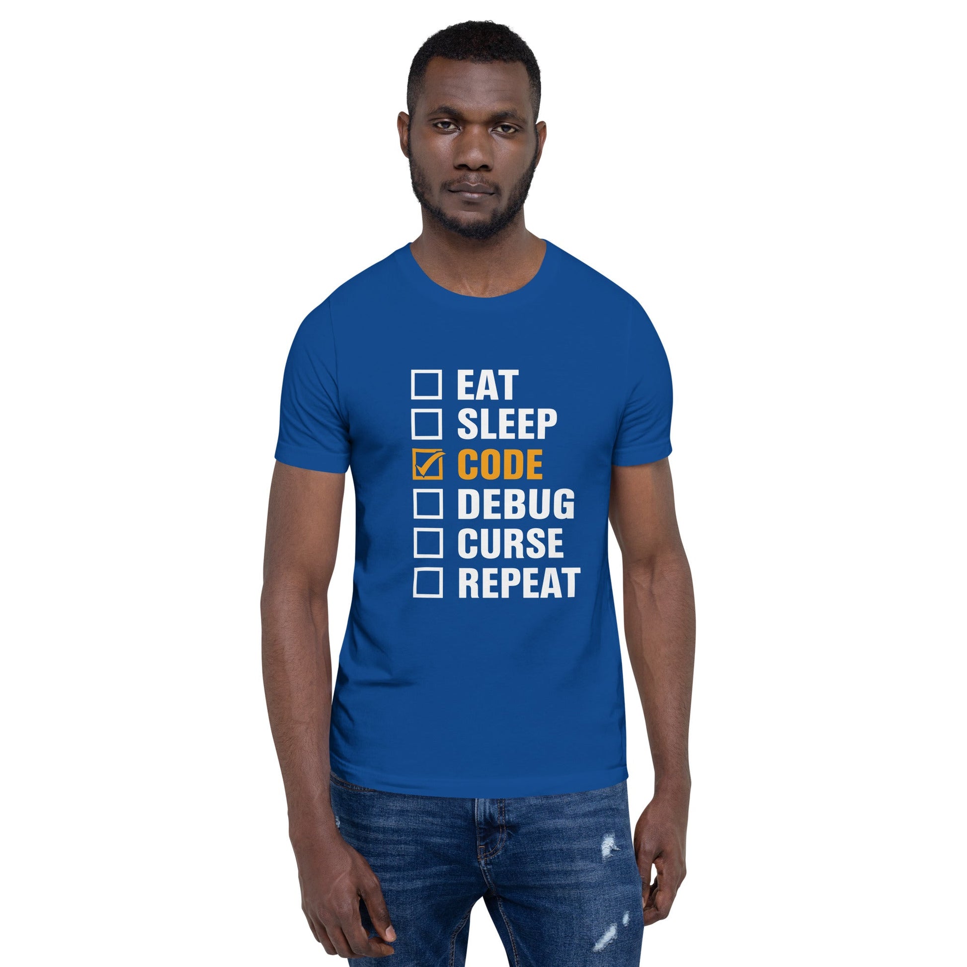 Eat, Sleep, Code √, Debug, Curse, Repeat - Unisex t-shirt by DarkByteGear