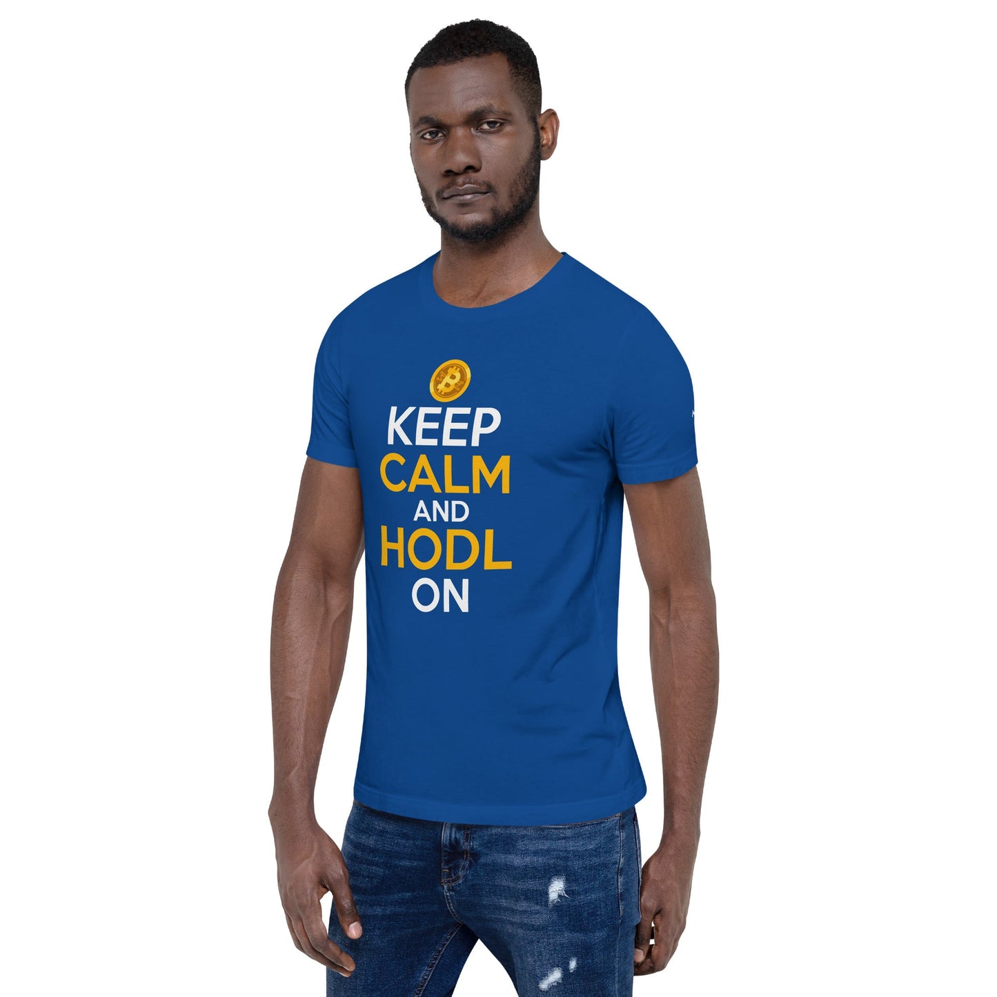 Keep Calm and HODL On ( Yellow and White Text ) - Unisex t-shirt by DarkByteGear