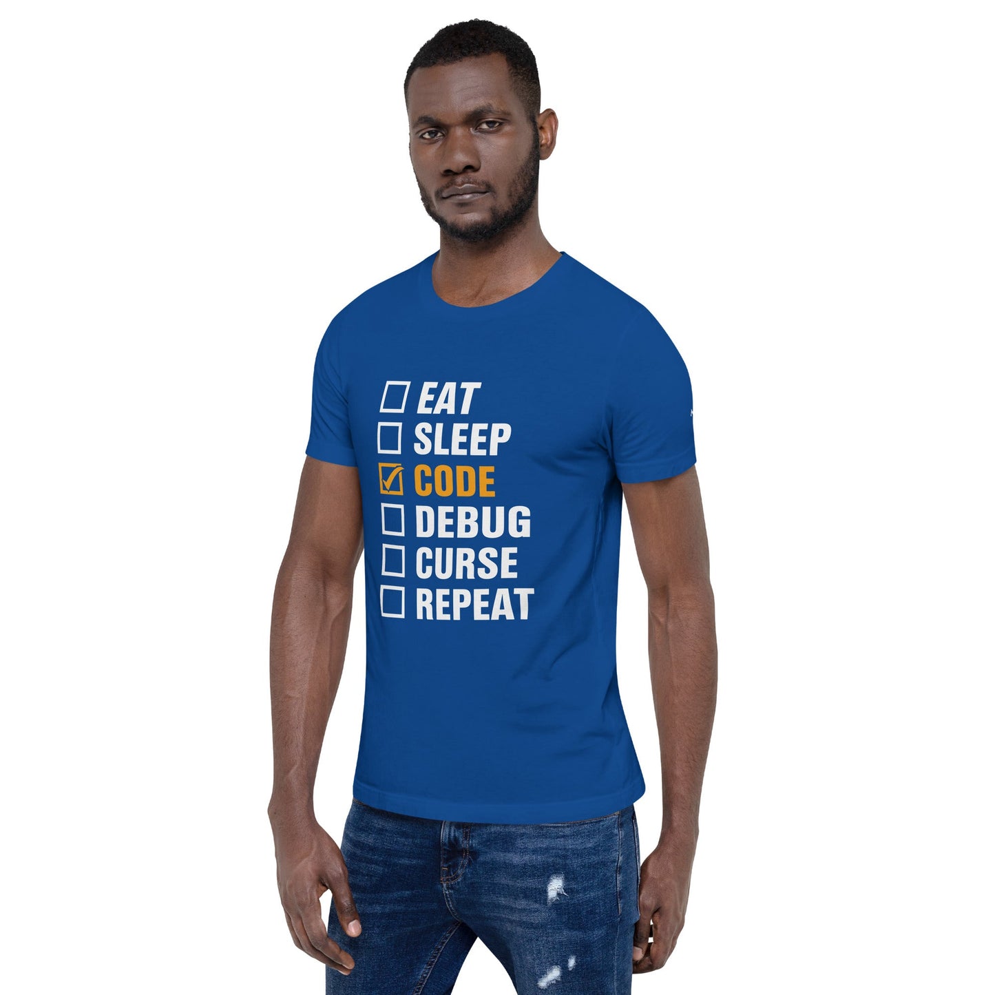 Eat, Sleep, Code √, Debug, Curse, Repeat - Unisex t-shirt by DarkByteGear