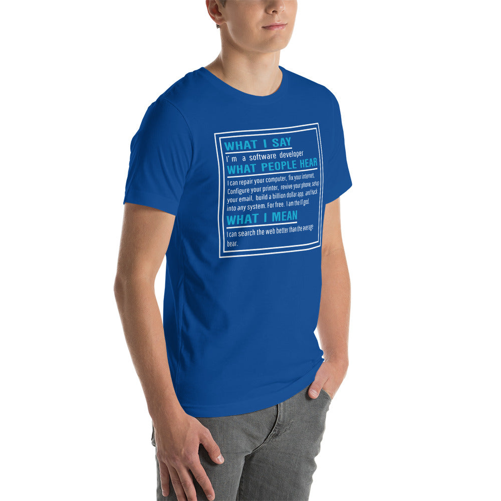What I say, What people hear, What I mean Unisex t-shirt by DarkByteGear