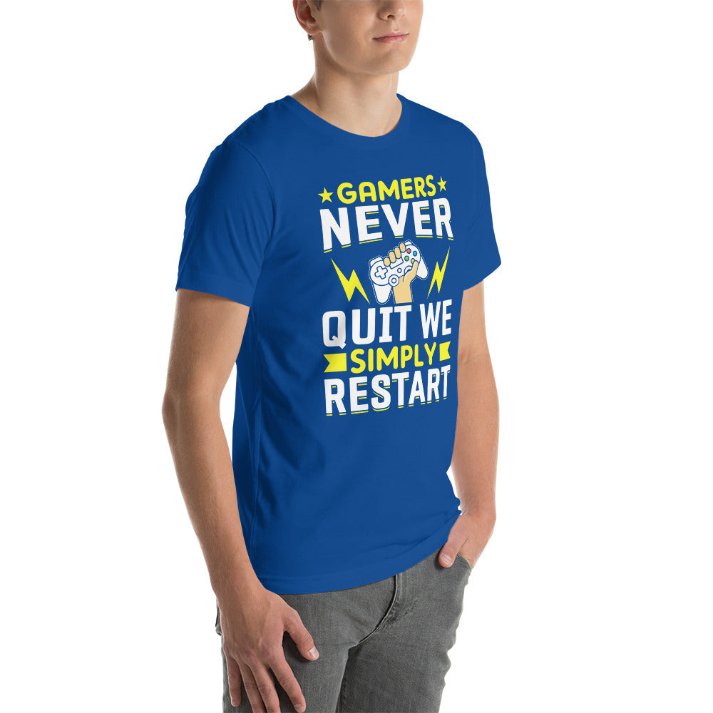 Gamers never Quit, we Simply Restart Unisex t-shirt by DarkByteGear