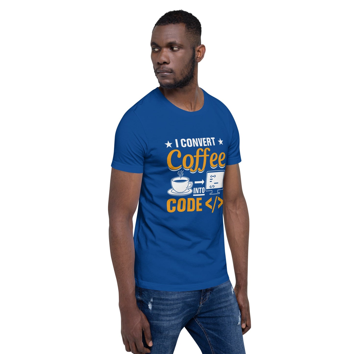 I Convert Coffee into Code </> - Unisex t-shirt by DarkByteGear
