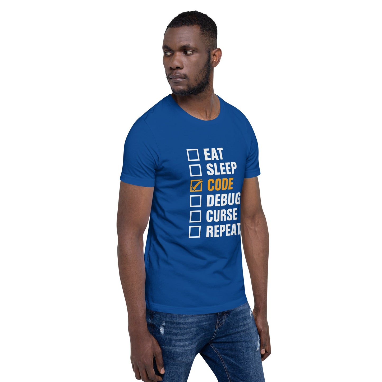Eat, Sleep, Code √, Debug, Curse, Repeat - Unisex t-shirt by DarkByteGear