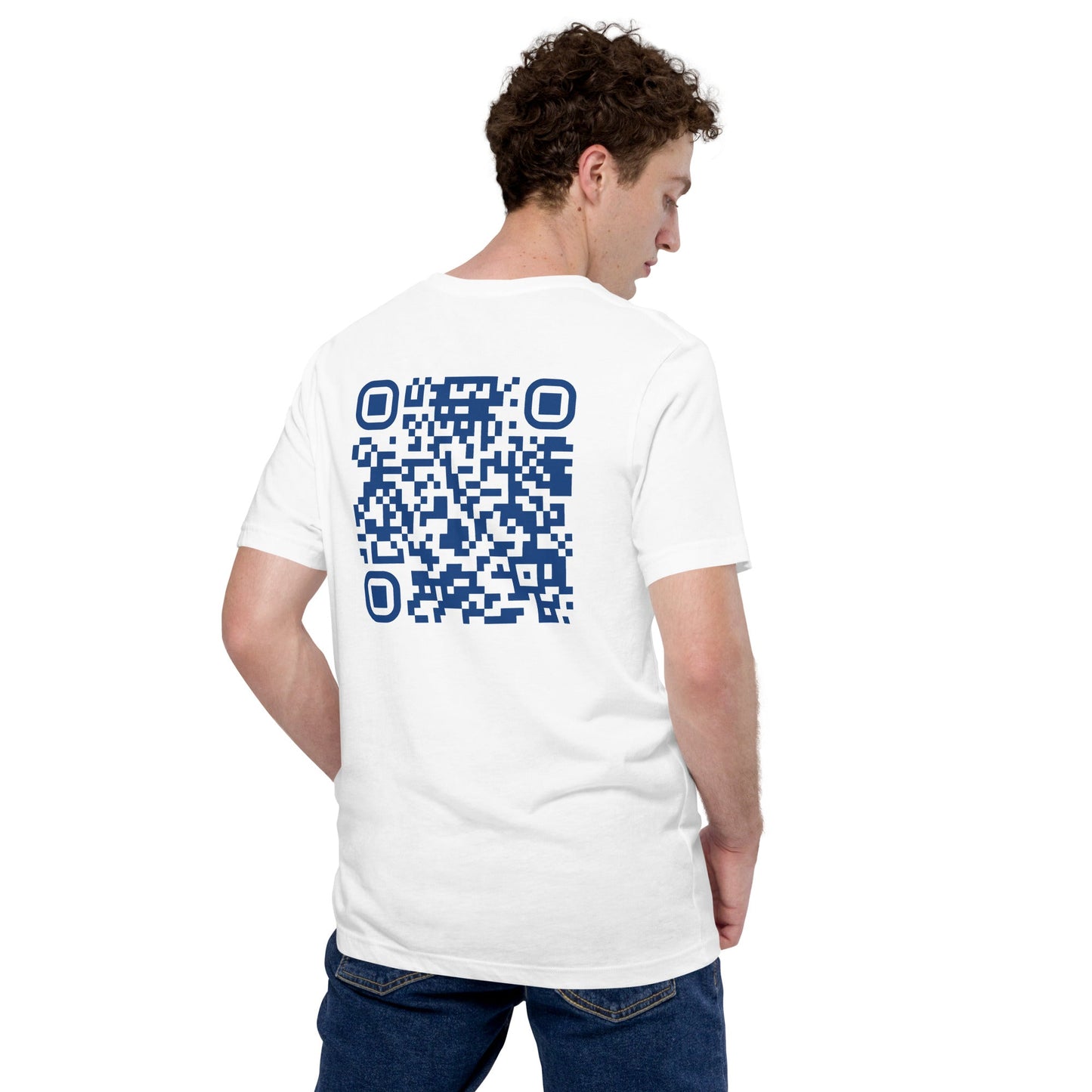 Who's the New Kid, Hacker, Developer, Gamer, Crypto King V1 (Blue) - Unisex t-shirt Personalized QR Code by DarkByteGear