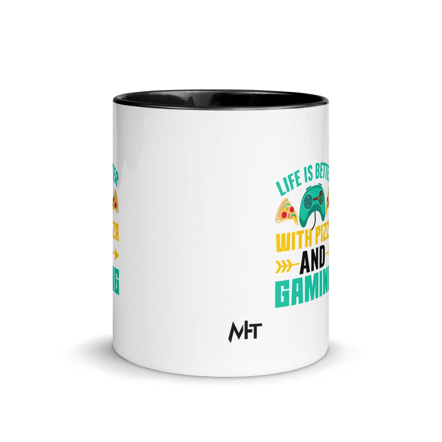 Life is Better With Pizza and Gaming Rima 14 in Dark Text - Mug with Color Inside by DarkByteGear