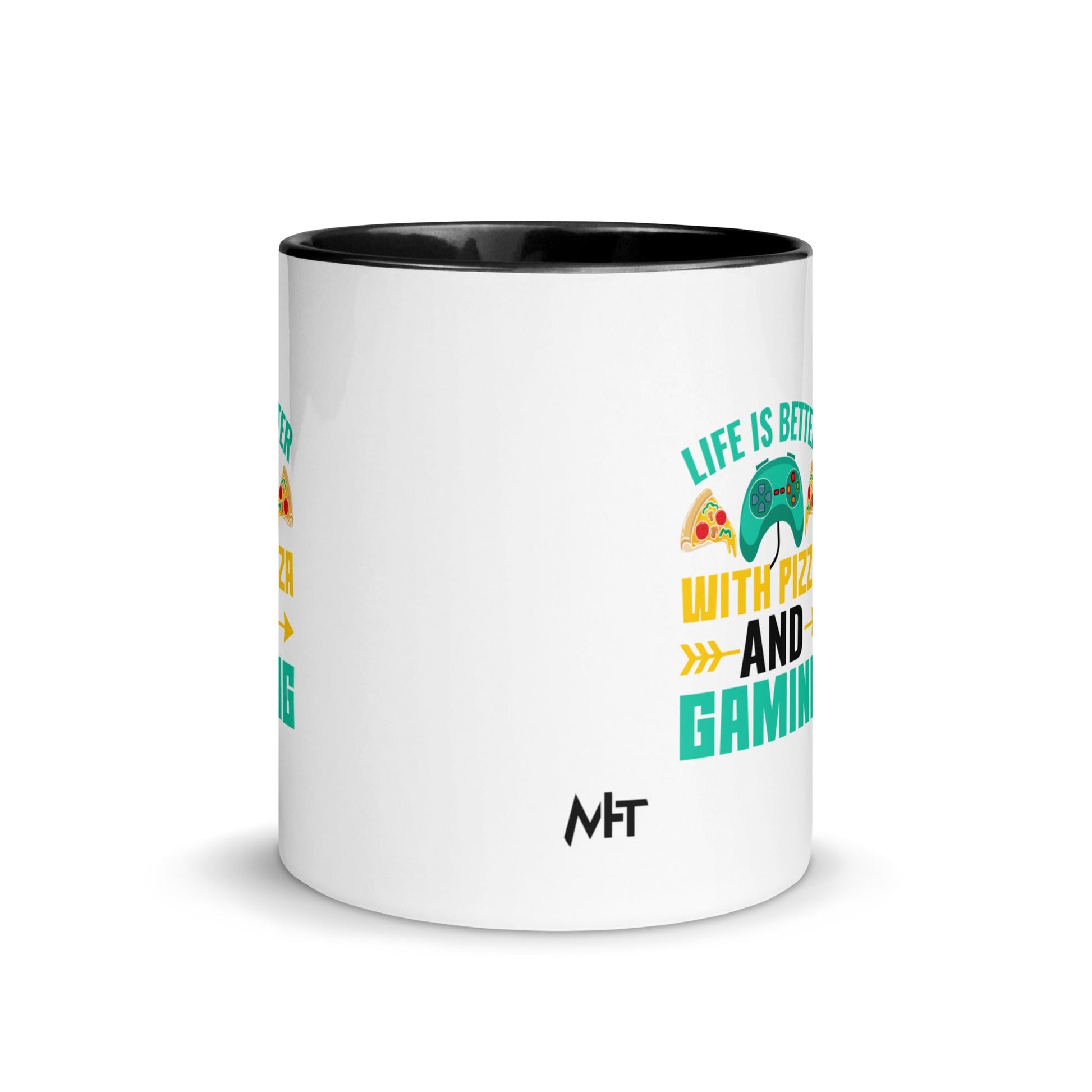 Life is Better With Pizza and Gaming Rima 14 in Dark Text - Mug with Color Inside by DarkByteGear
