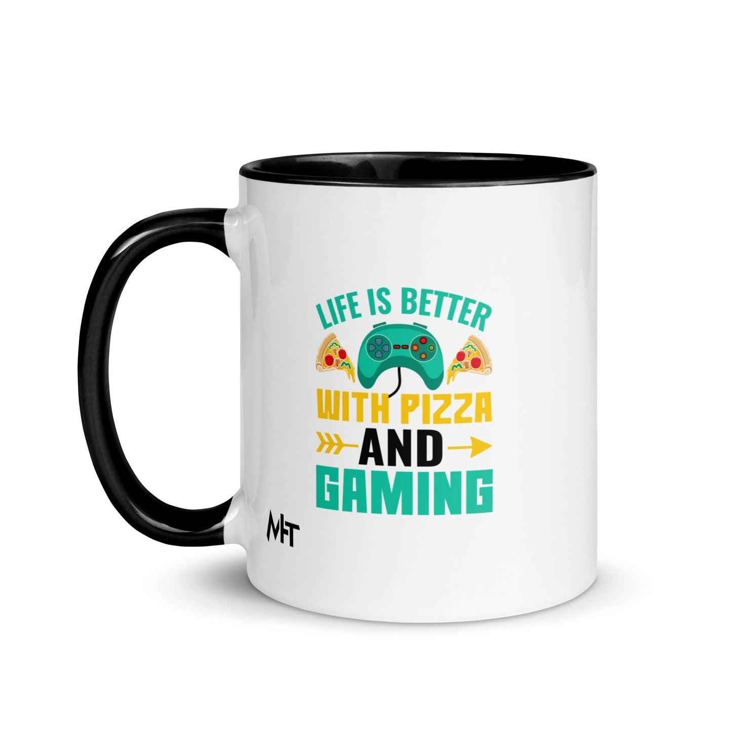 Life is Better With Pizza and Gaming Rima 14 in Dark Text - Mug with Color Inside by DarkByteGear