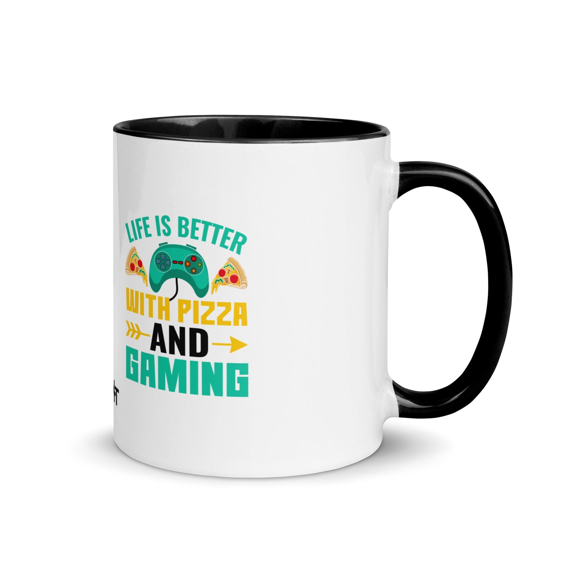 Life is Better With Pizza and Gaming Rima 14 in Dark Text - Mug with Color Inside by DarkByteGear