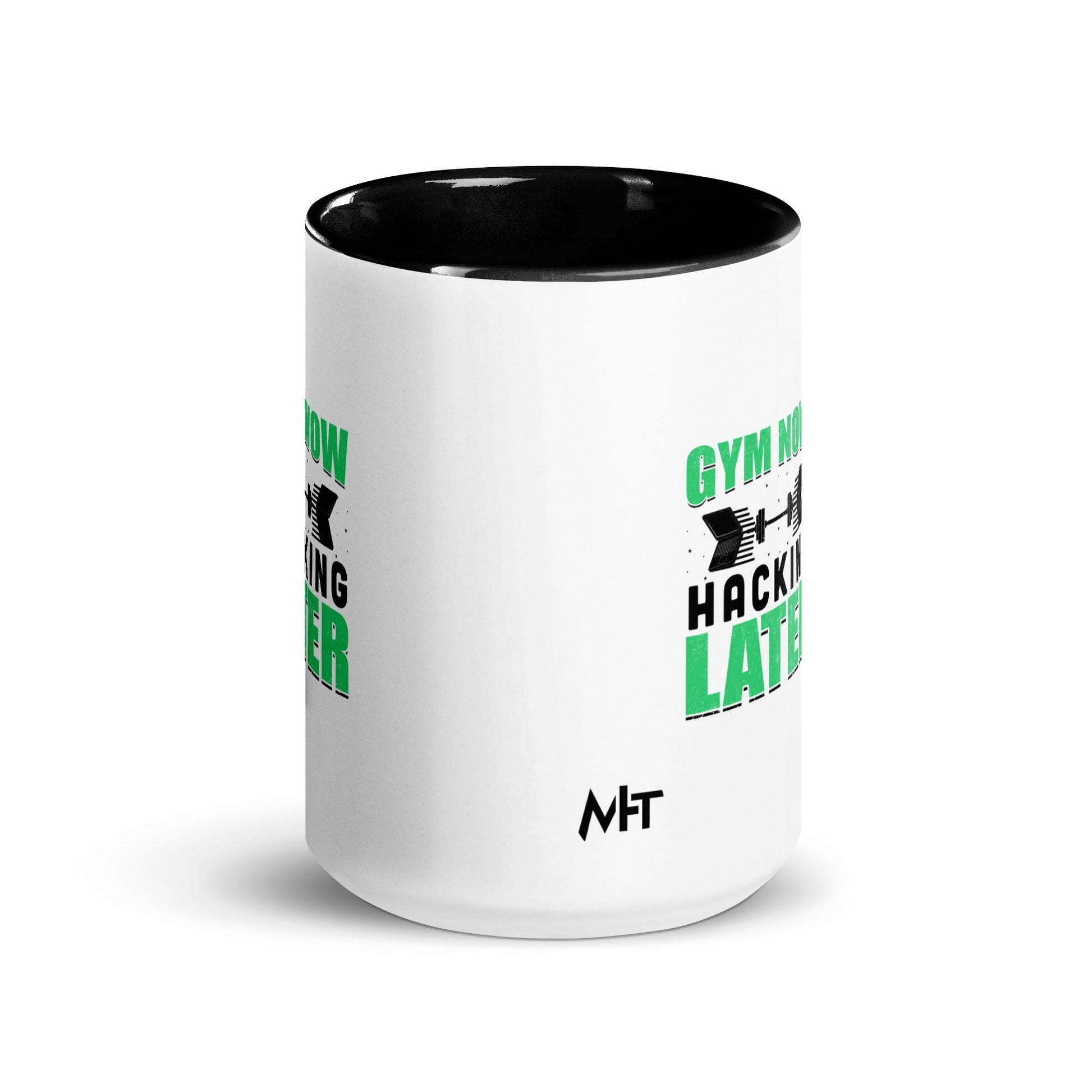 Gym now, hacking later - Mug with Color Inside by DarkByteGear