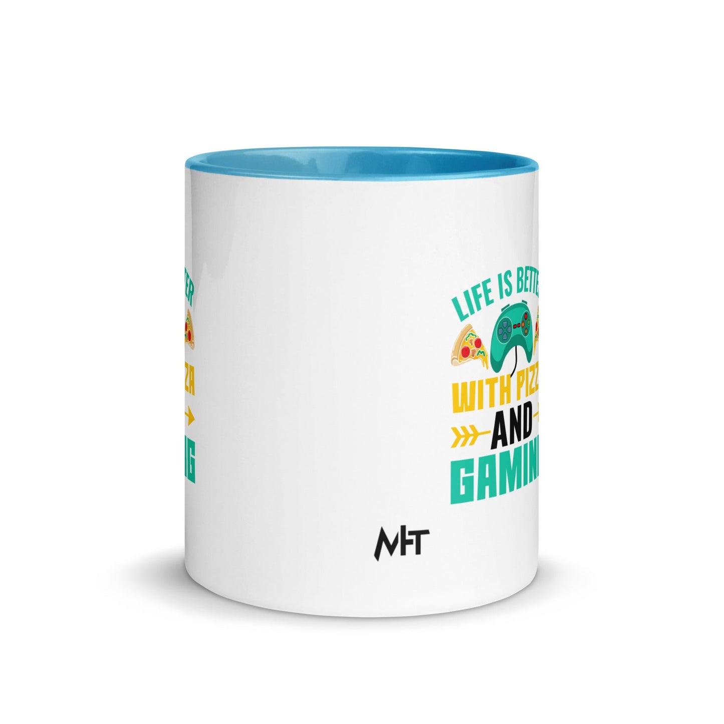 Life is Better With Pizza and Gaming Rima 14 in Dark Text - Mug with Color Inside by DarkByteGear