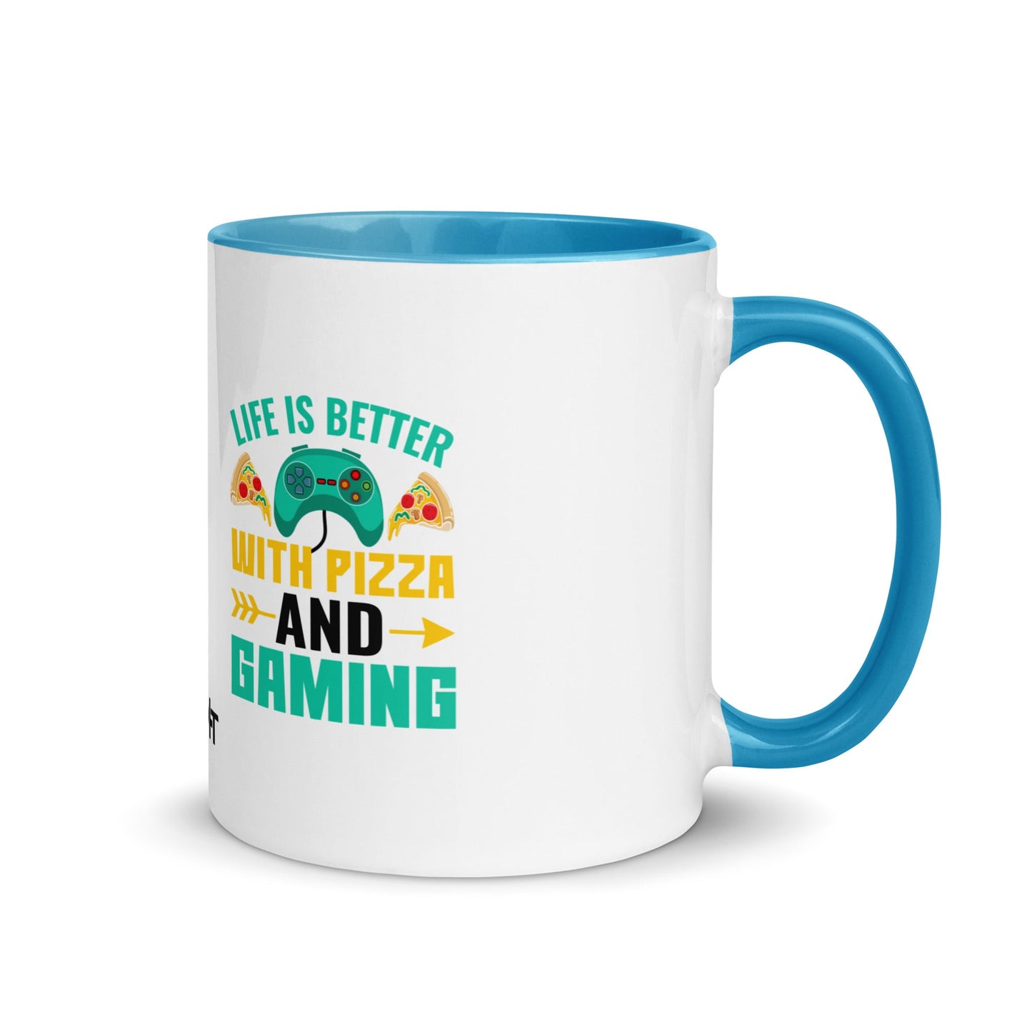 Life is Better With Pizza and Gaming Rima 14 in Dark Text - Mug with Color Inside by DarkByteGear