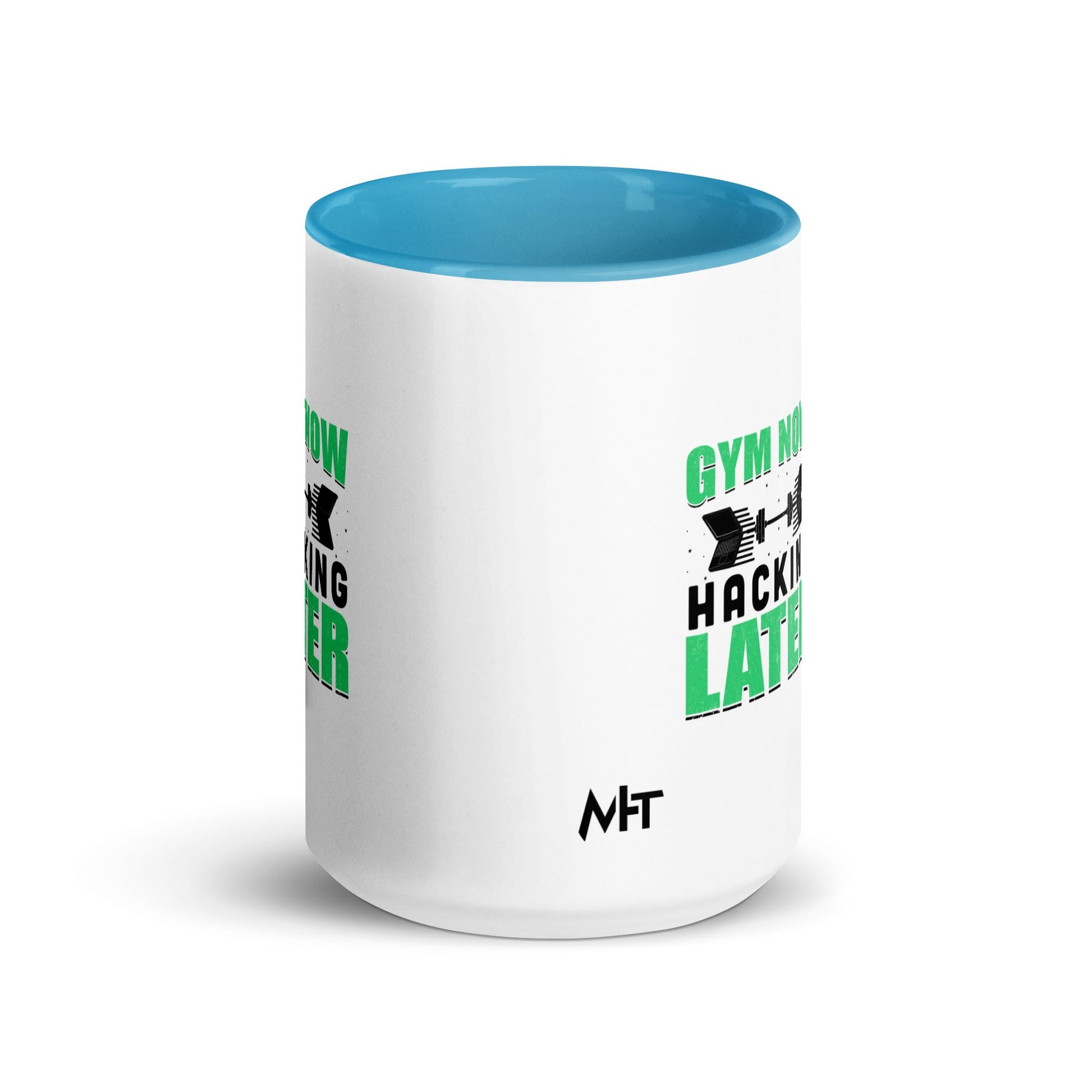 Gym now, hacking later - Mug with Color Inside by DarkByteGear