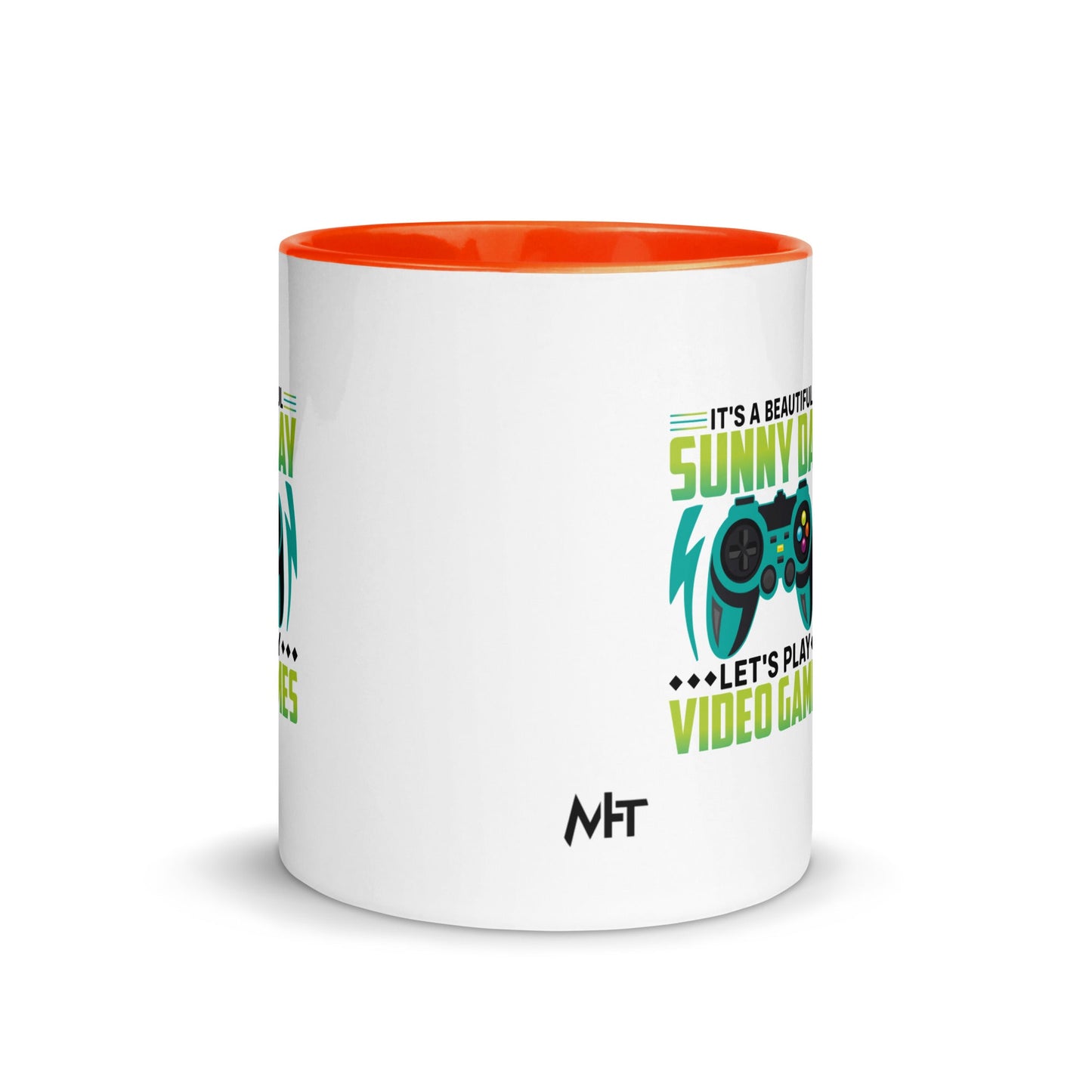 It is a Beautiful Sunny Day; Let's Play Video Games in Dark Text - Mug with Color Inside by DarkByteGear