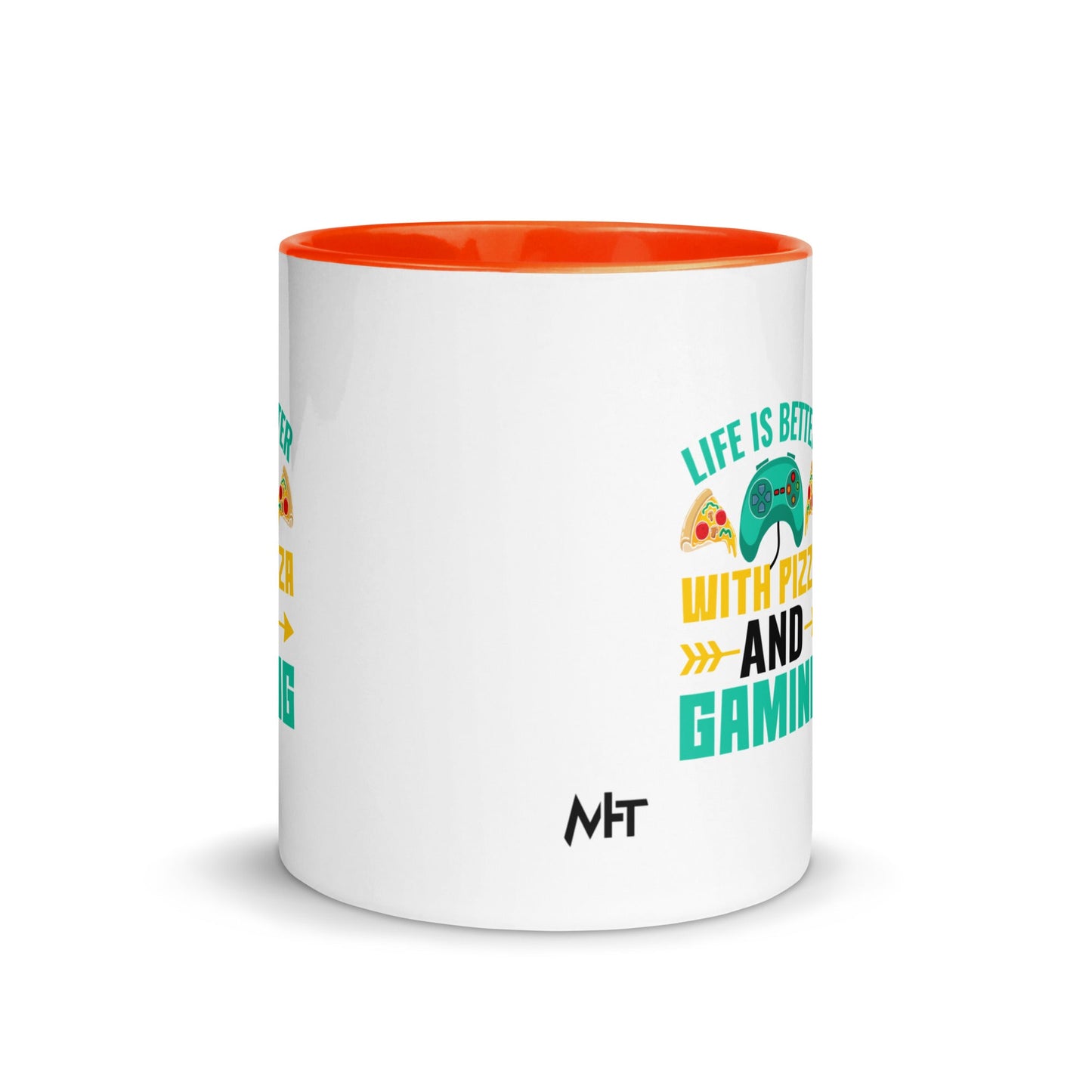 Life is Better With Pizza and Gaming Rima 14 in Dark Text - Mug with Color Inside by DarkByteGear
