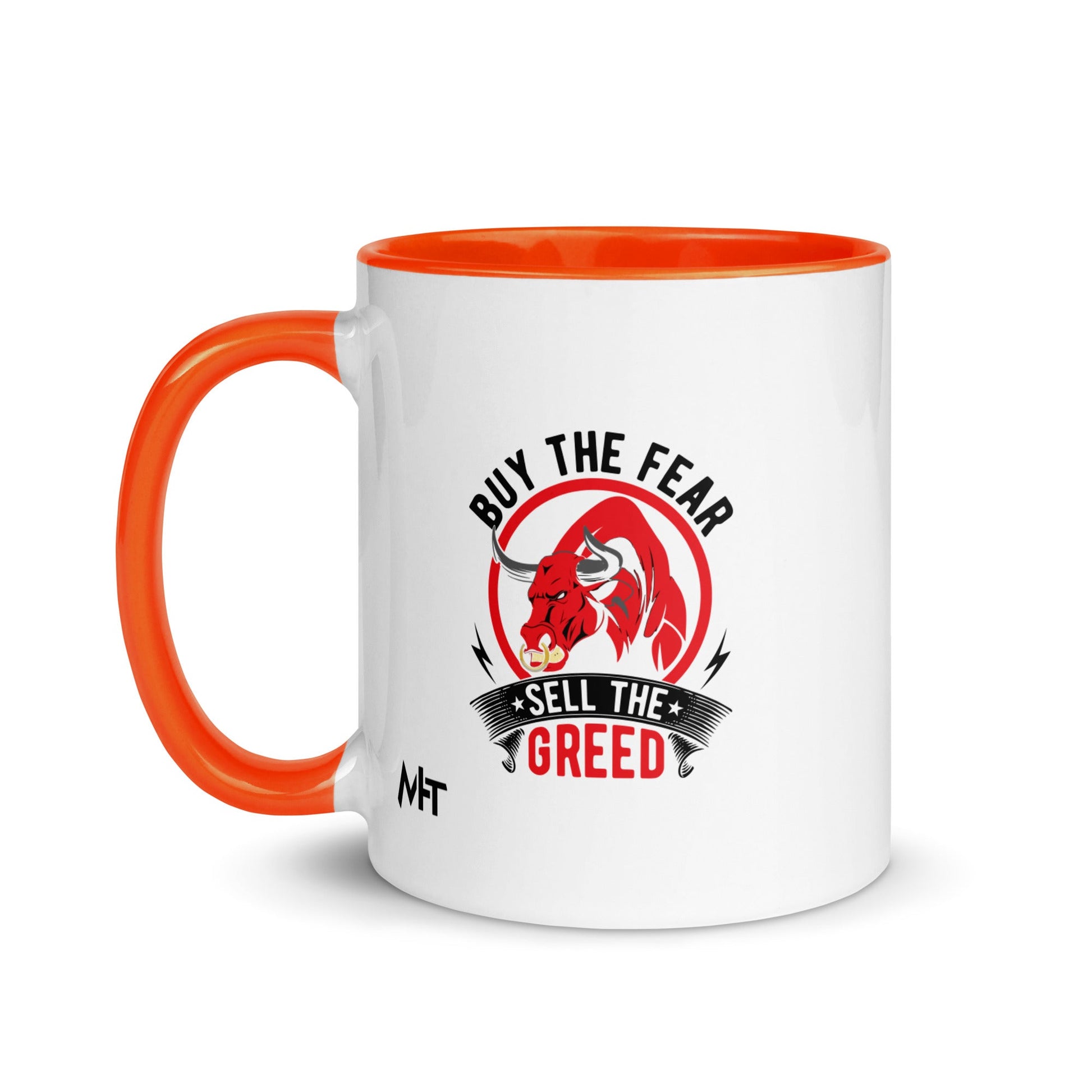 Buy the Fear; Sell the Greed in Dark Text - Mug with Color Inside by DarkByteGear