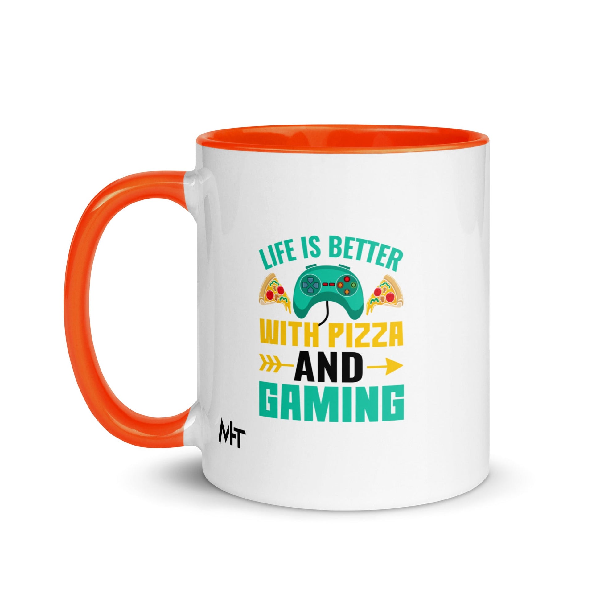 Life is Better With Pizza and Gaming Rima 14 in Dark Text - Mug with Color Inside by DarkByteGear