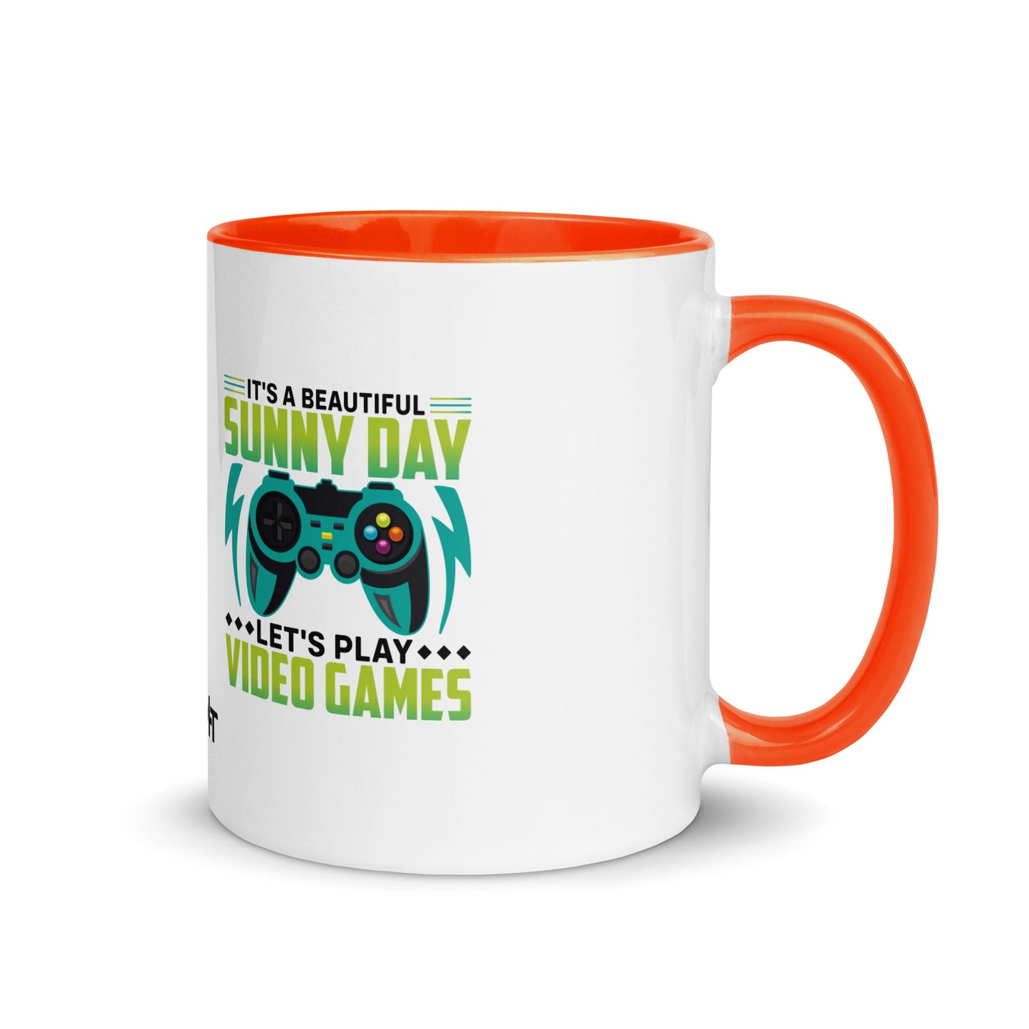 It is a Beautiful Sunny Day; Let's Play Video Games in Dark Text - Mug with Color Inside by DarkByteGear