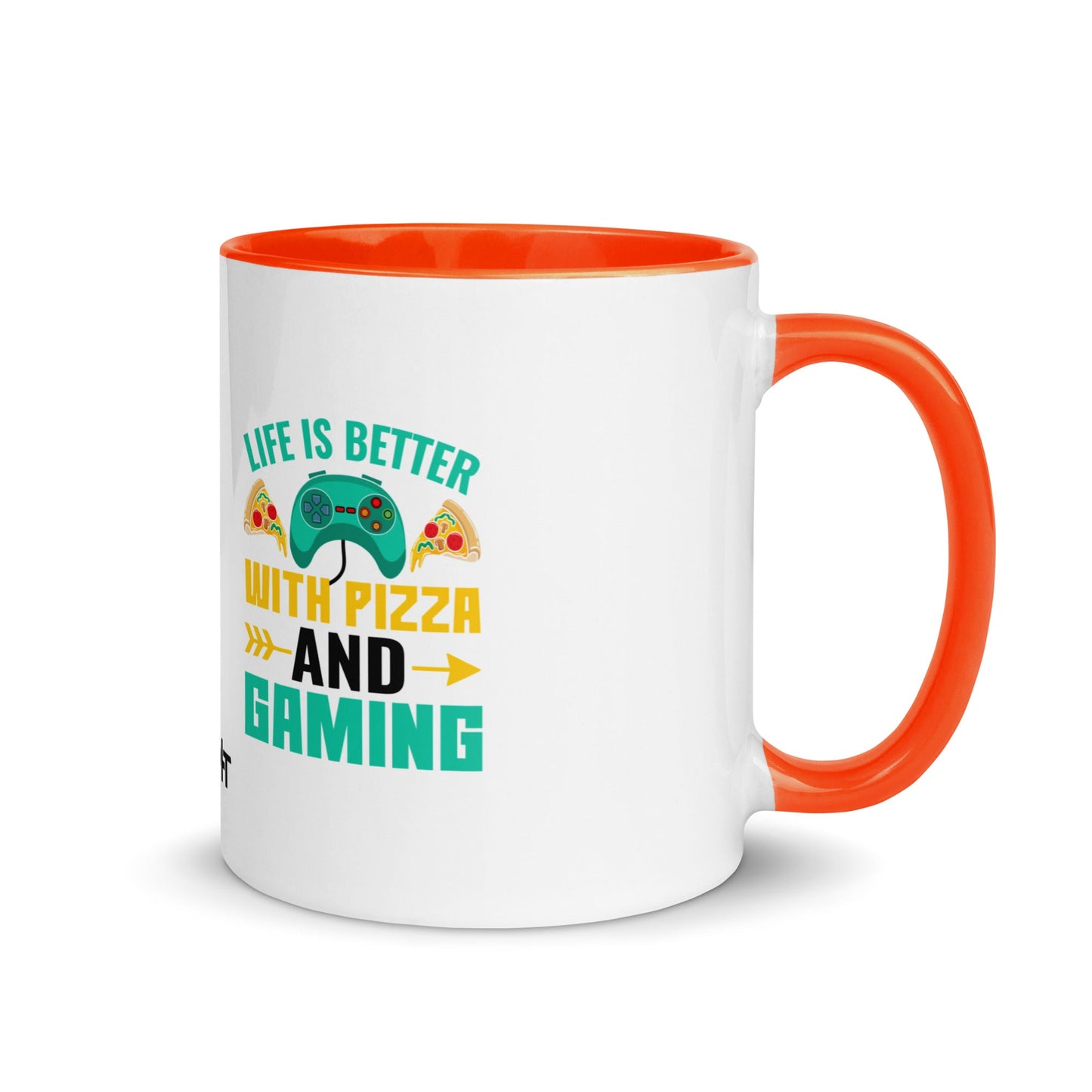 Life is Better With Pizza and Gaming Rima 14 in Dark Text - Mug with Color Inside by DarkByteGear
