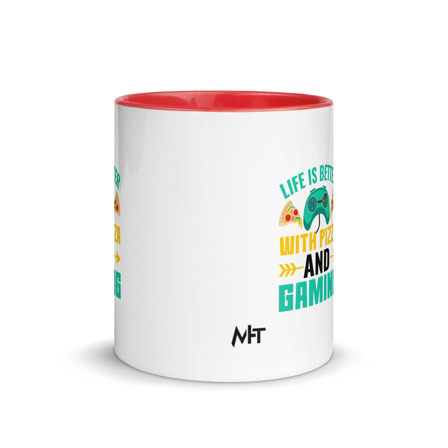 Life is Better With Pizza and Gaming Rima 14 in Dark Text - Mug with Color Inside by DarkByteGear