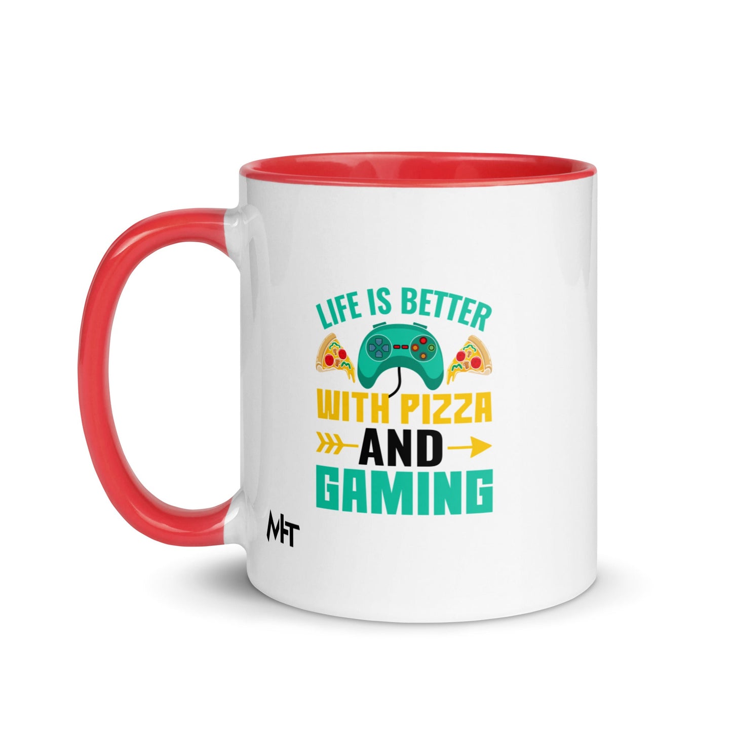 Life is Better With Pizza and Gaming Rima 14 in Dark Text - Mug with Color Inside by DarkByteGear