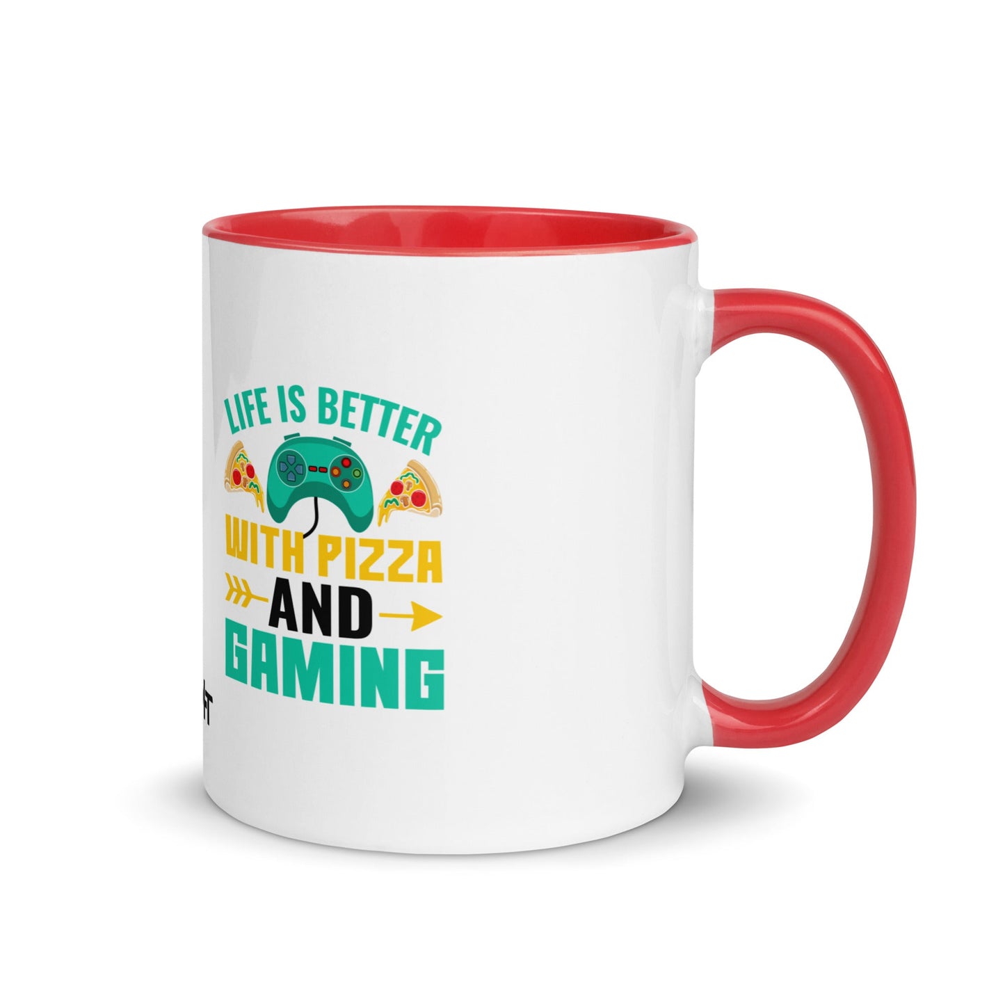 Life is Better With Pizza and Gaming Rima 14 in Dark Text - Mug with Color Inside by DarkByteGear